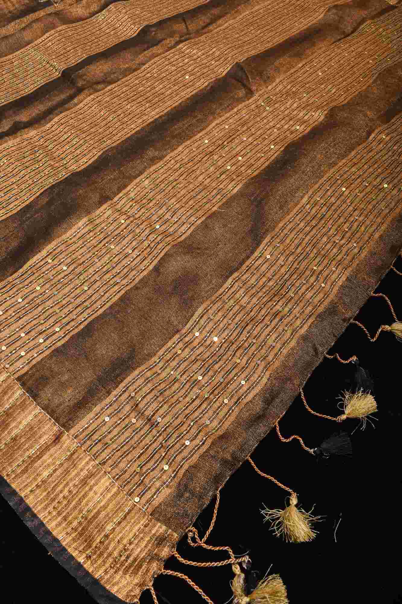 Embroidery cut dana with seqins Work Tissue Linen Saree in copper black with dramatic work Pallu - Image 7