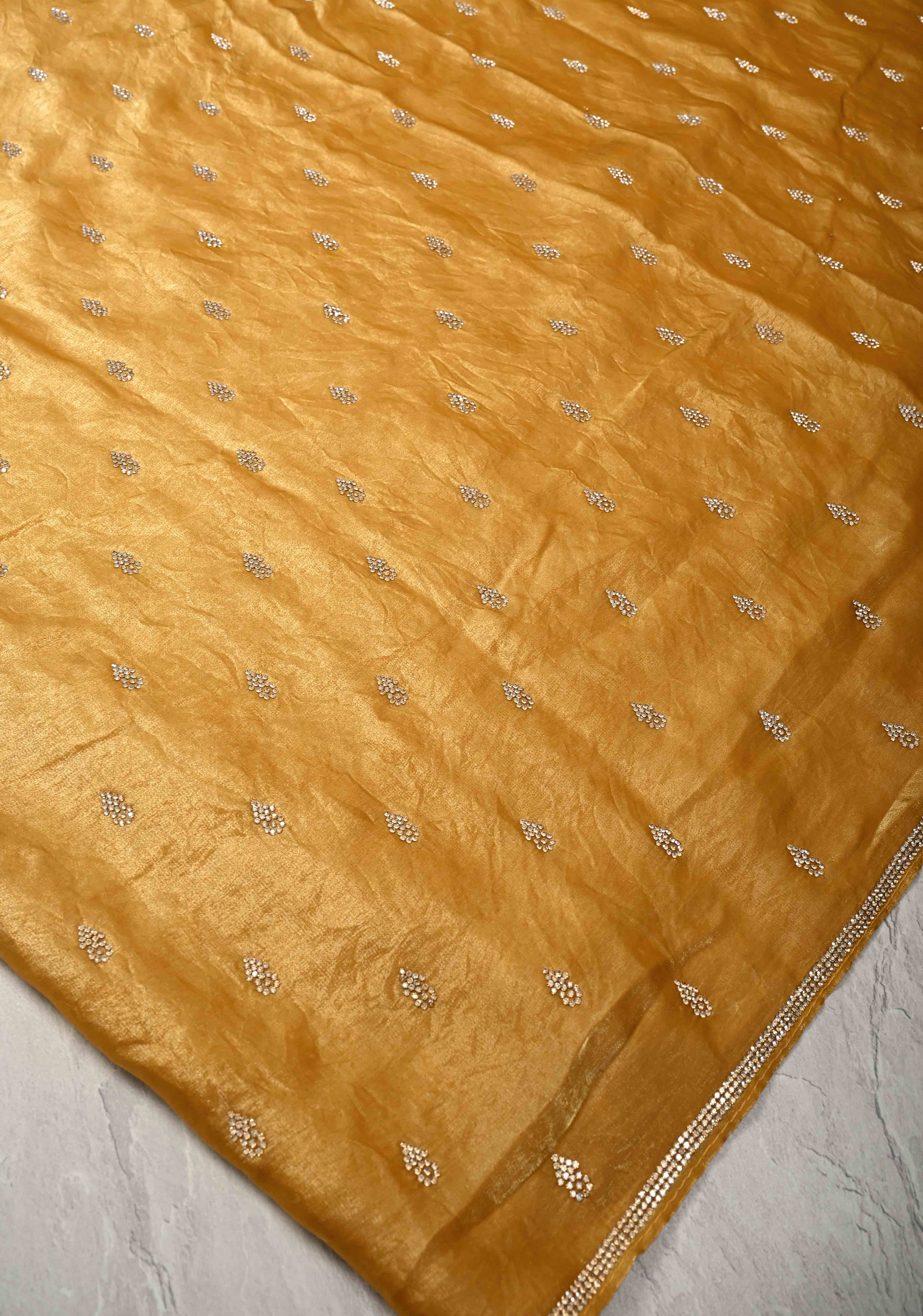 Mustard Yellow Shimmer Georgette Saree with Stone Embellishments and Minimal Border | Shobitam - Image 5
