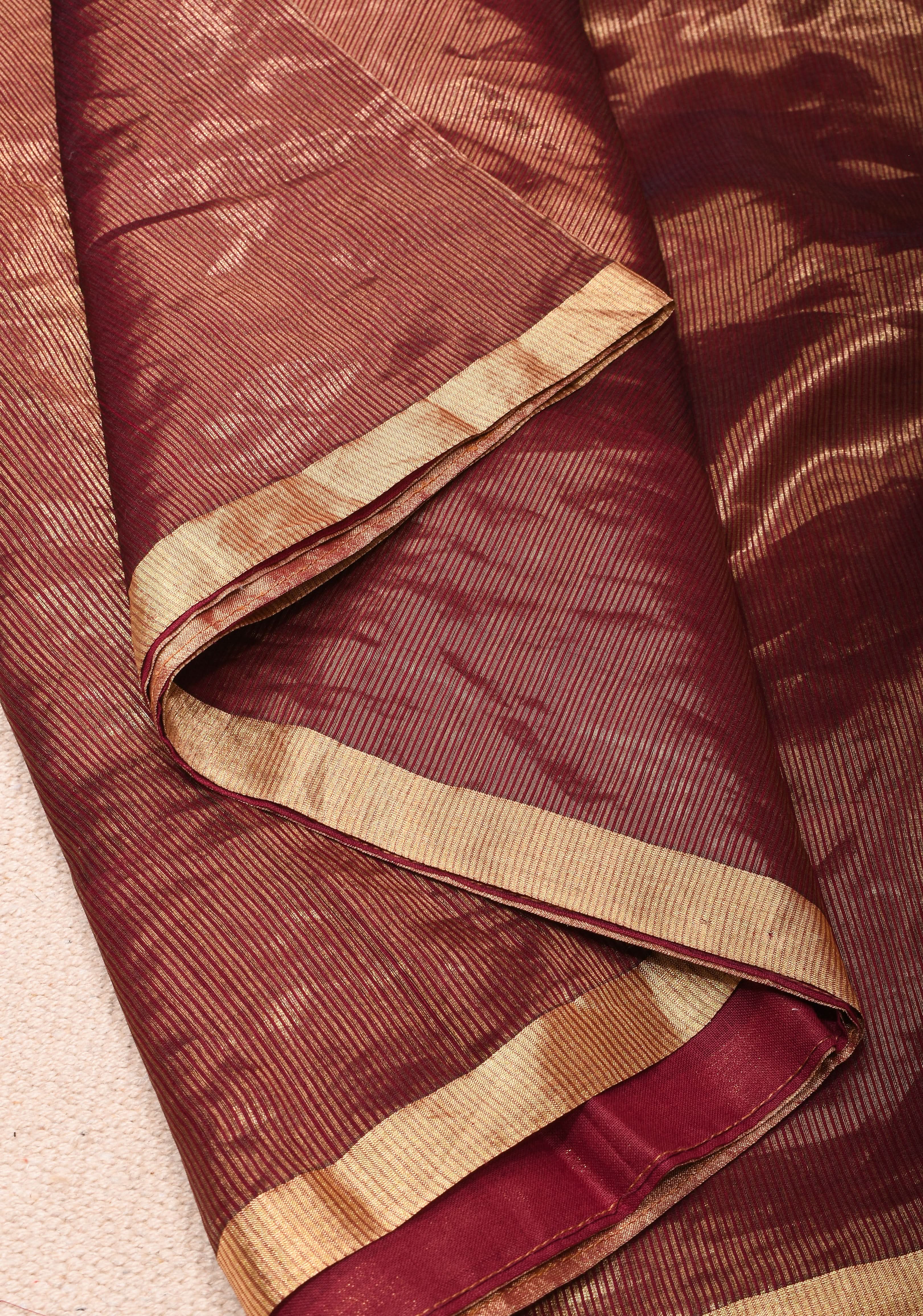 Exquisite Half and Half Maroon and Zari Tissue Maheshwari Silk Cotton Saree | Shobitam - Image 7
