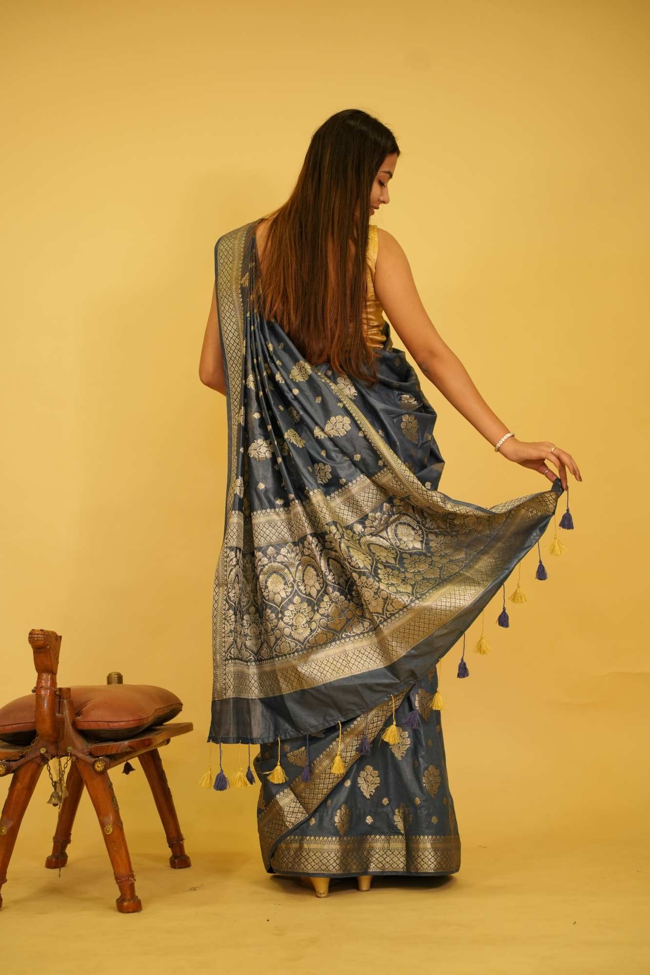 Exquisite  Katan Inspired Silk Saree with Intricate All-Over Butas and Ornate Palla, Adorned with Luxurious Tassels – A Ready-to-Wear Saree - Image 5