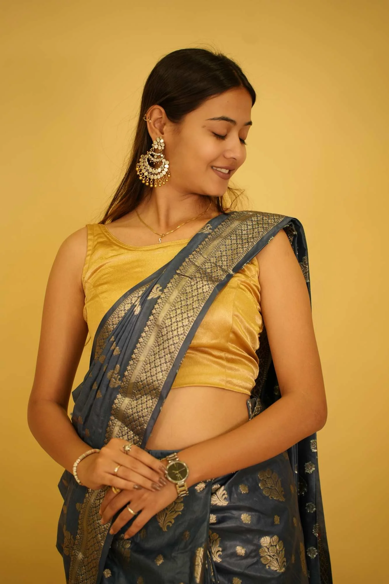 Exquisite  Katan Inspired Silk Saree with Intricate All-Over Butas and Ornate Palla, Adorned with Luxurious Tassels – A Ready-to-Wear Saree - Image 6