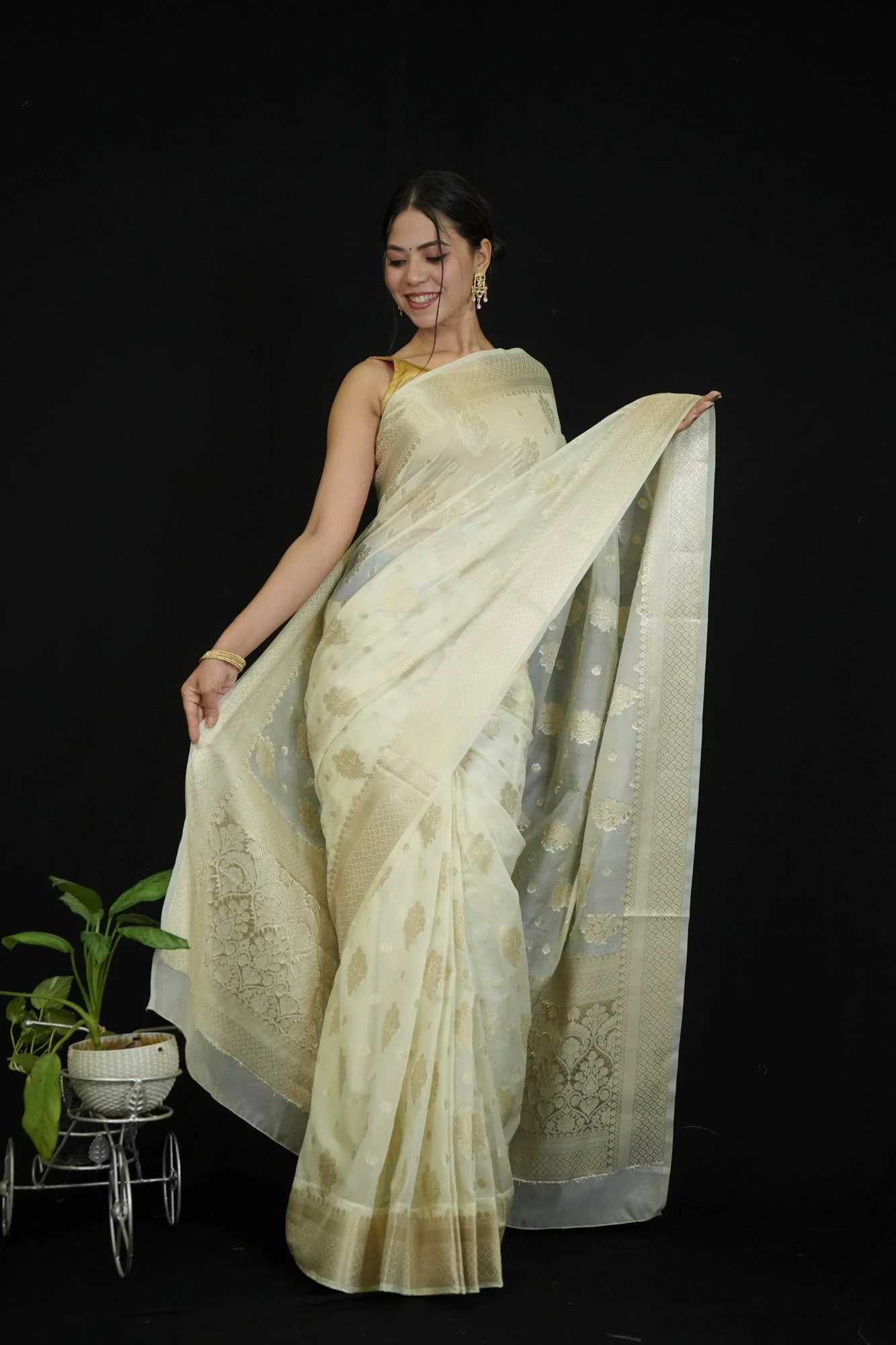 Exquisite  Off white premium Saree with Intricate All-Over Butas and Ornate Palla, Adorned with Luxurious Tassels – A Ready-to-Wear Saree - Image 3