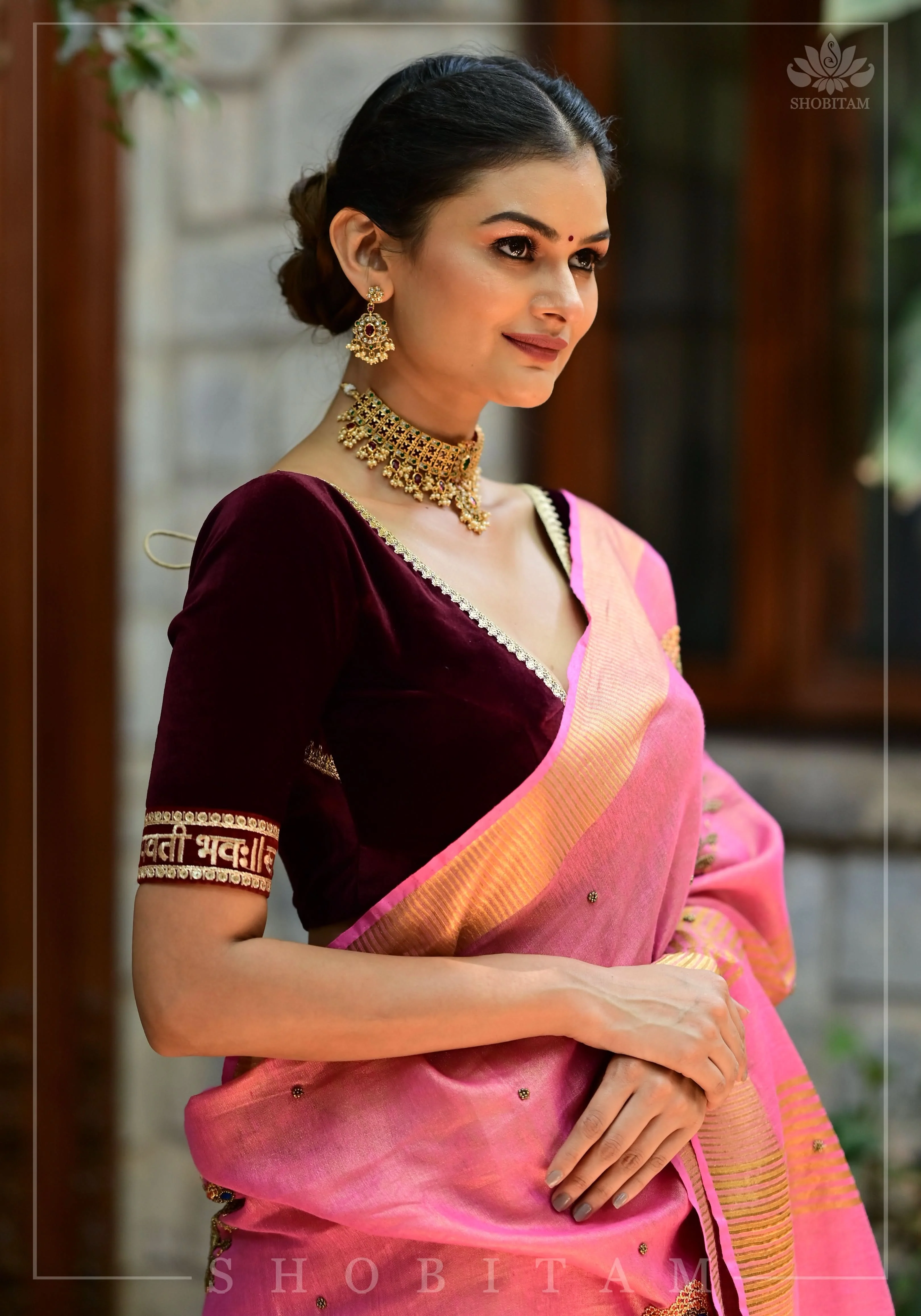 Exquisite Sada Sowbhagyawati Trim Border on Maroon Velvet Blouse | Shobitam - Image 4