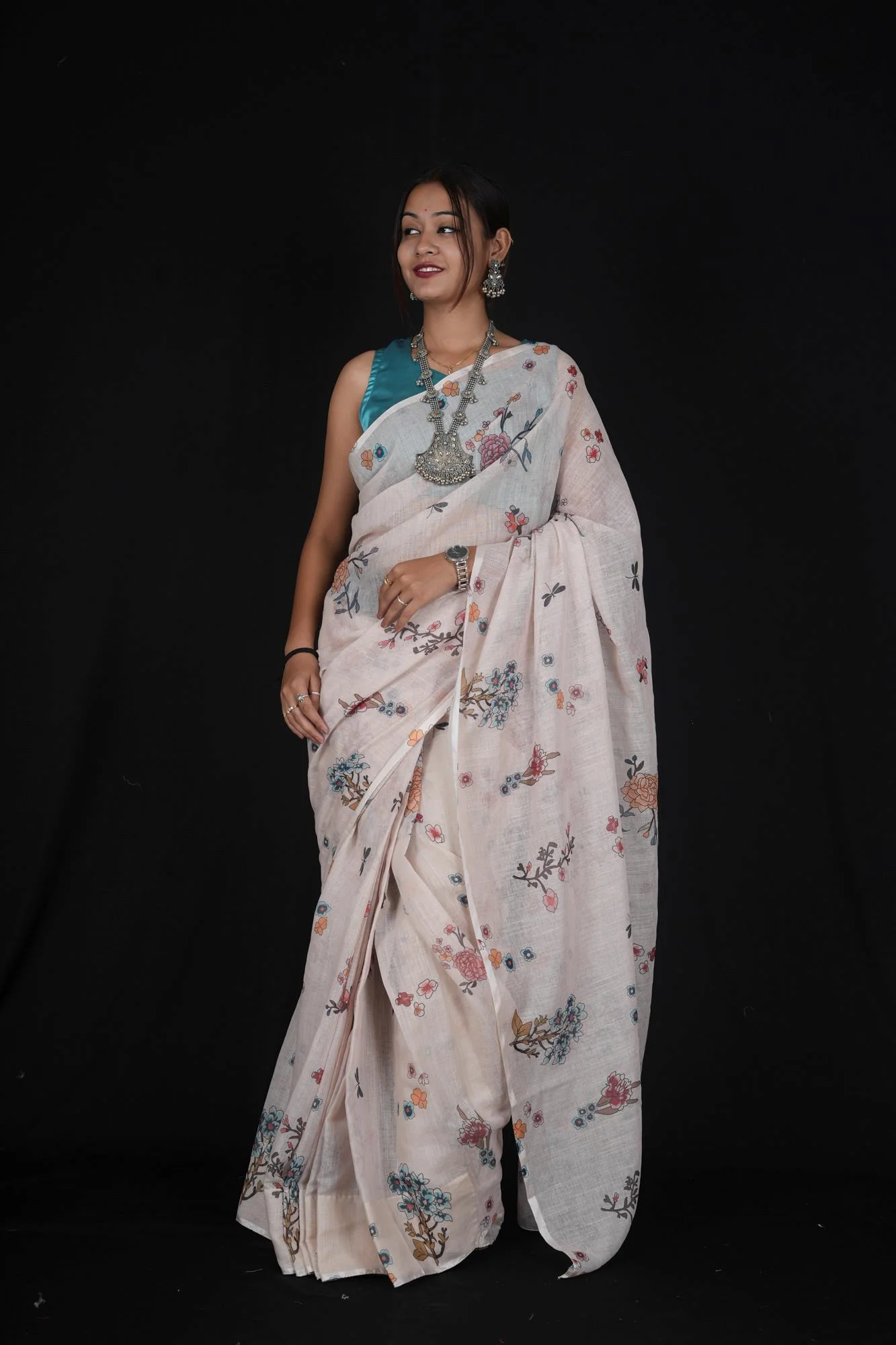 Exquisite Cotton Linen Saree with Digital Floral Print –  1 Minute Saree - Image 3