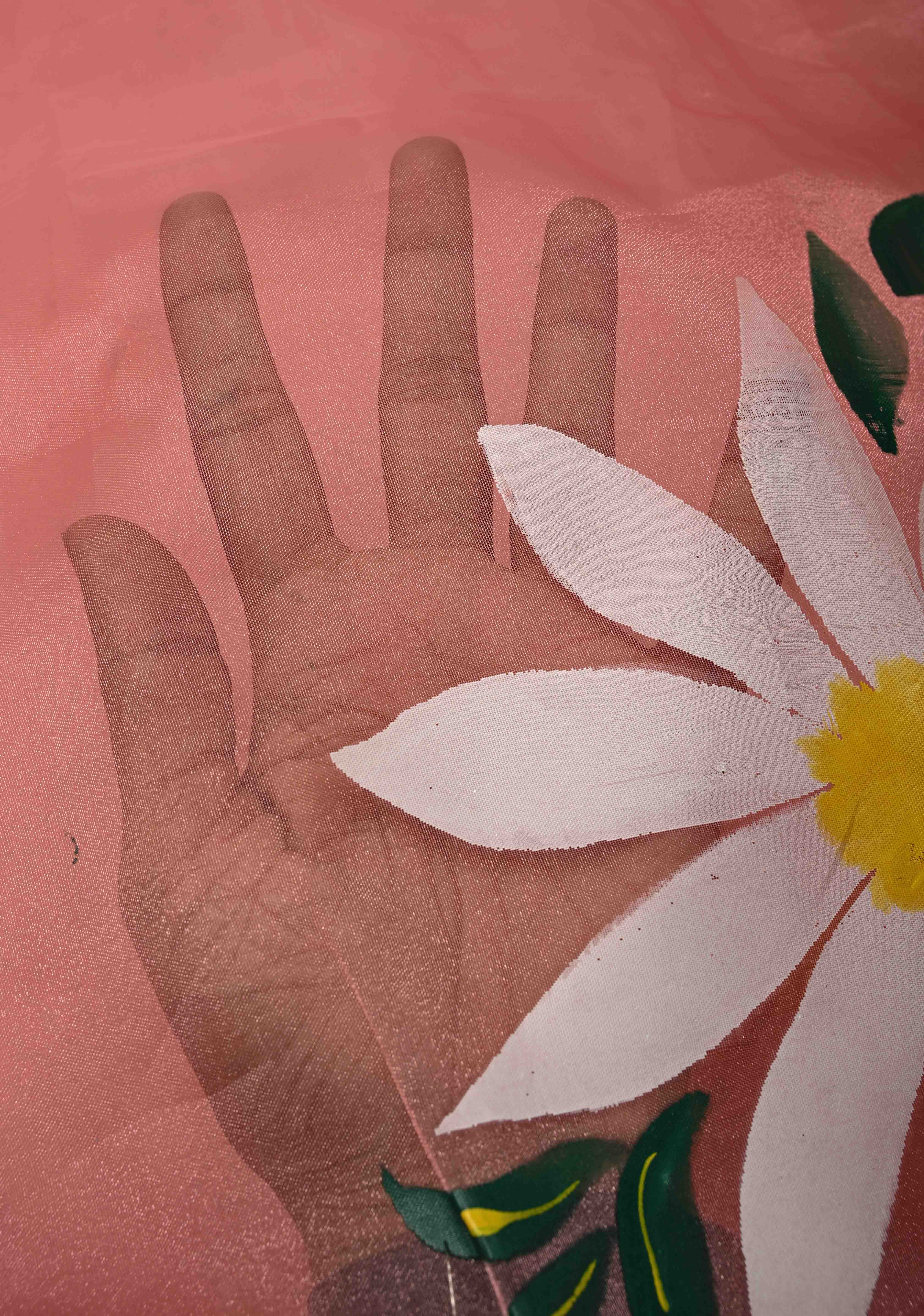 Peach Pink Organza Saree with Flowers Hand painted, No Blouse Piece | Shobitam - Image 4