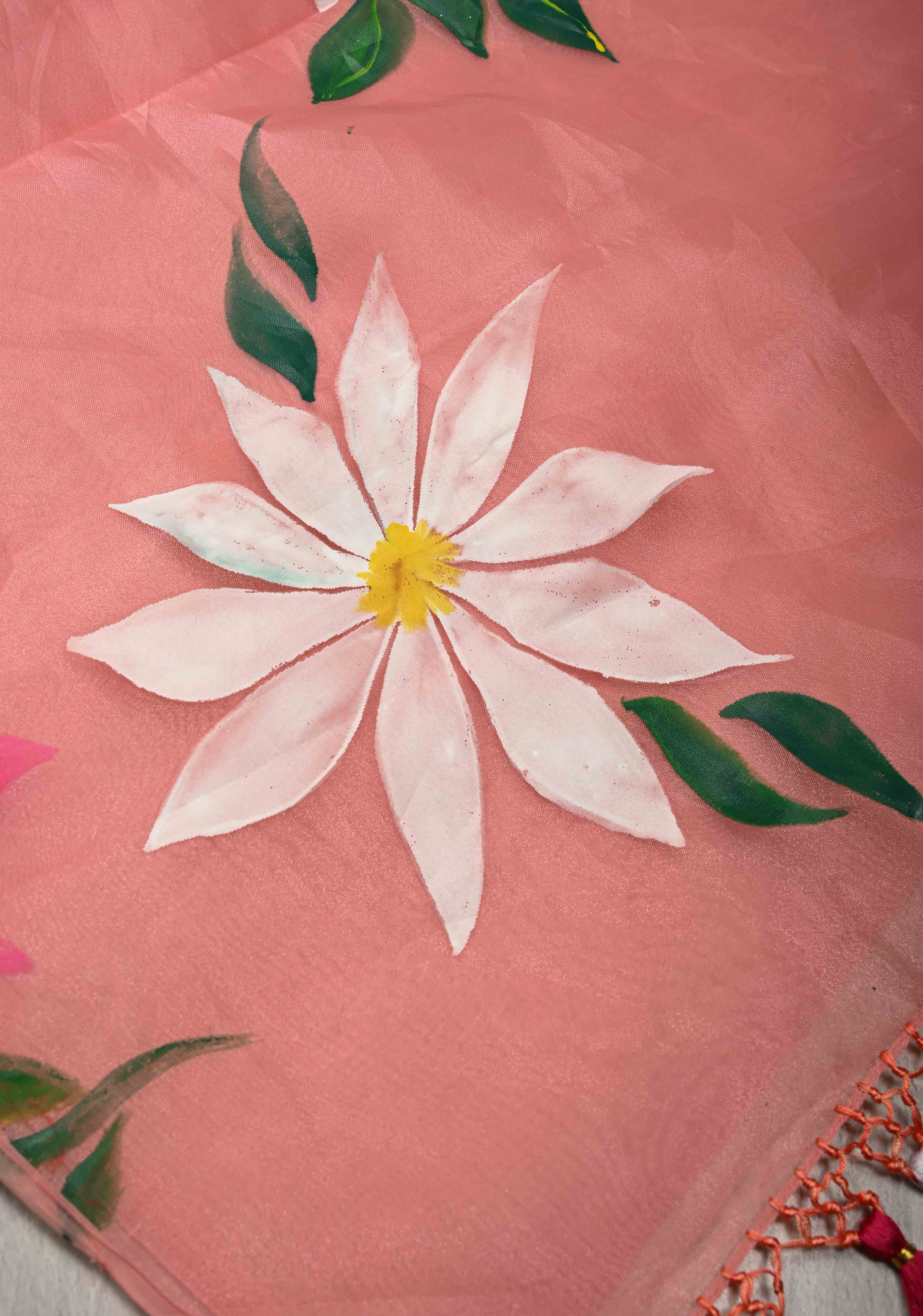 Peach Pink Organza Saree with Flowers Hand painted, No Blouse Piece | Shobitam - Image 6