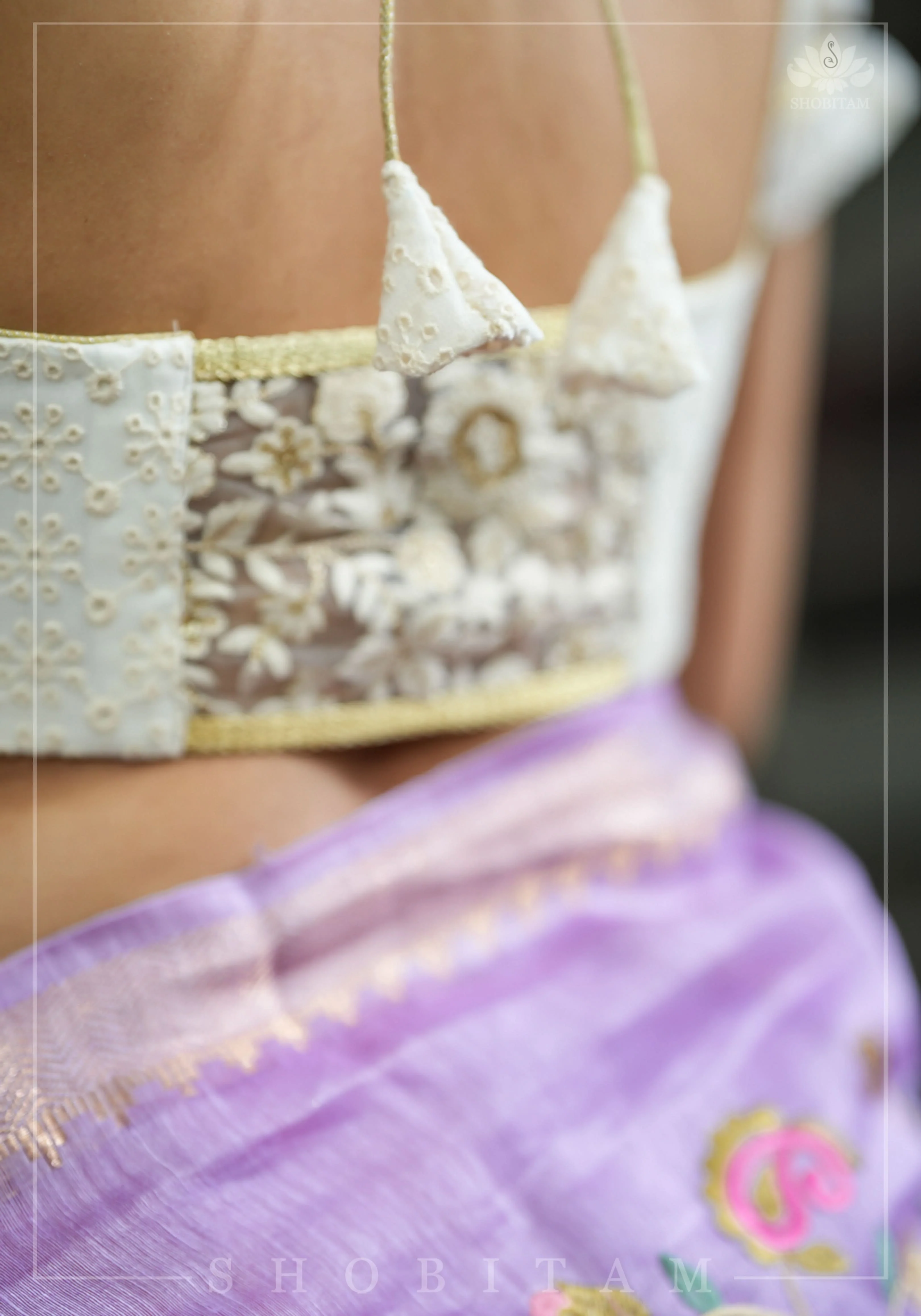 Eyelet Design Georgette Blouse with Puff Sleeves and embroidery detailing back! | Shobitam - Image 8