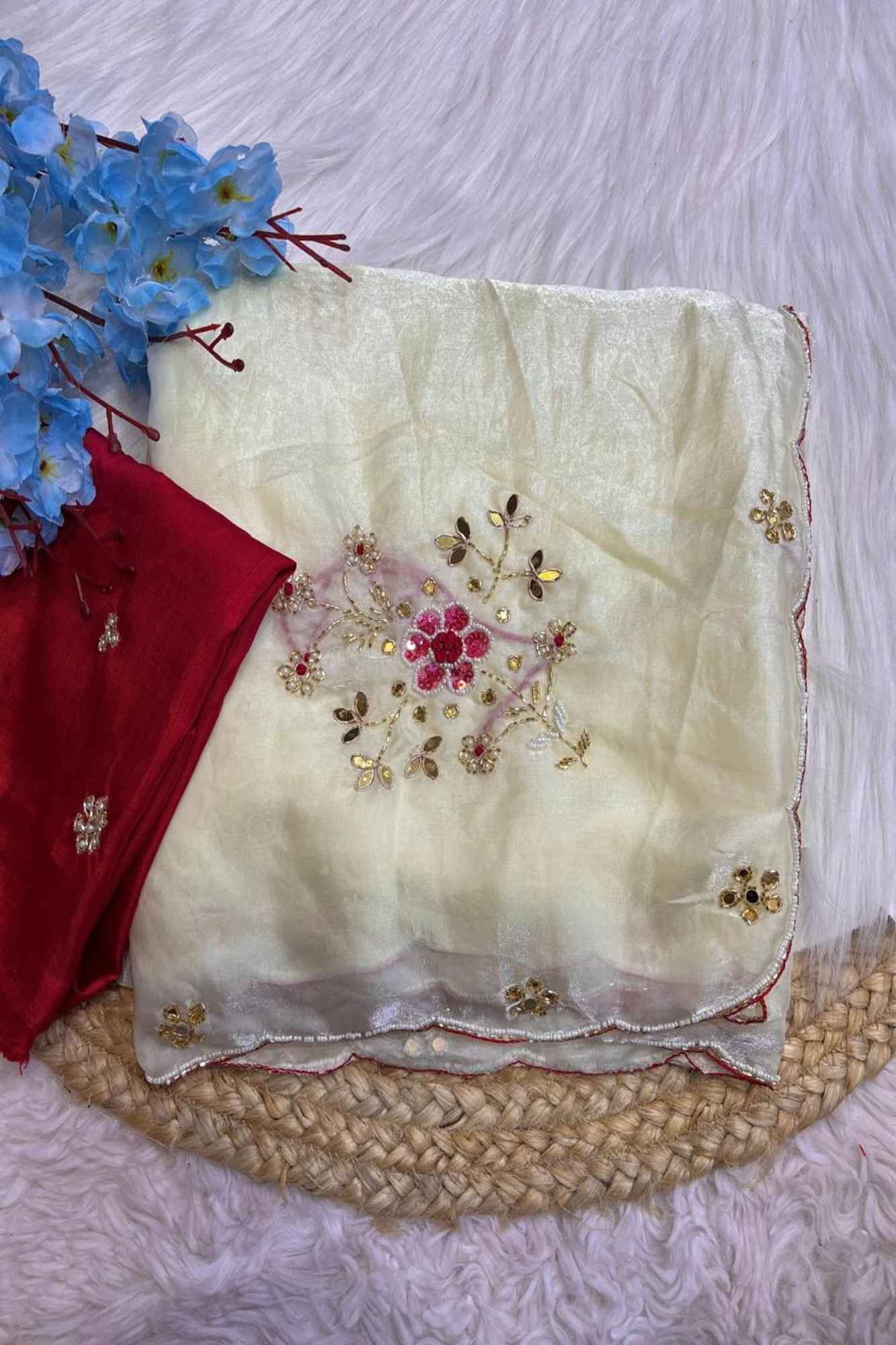 Off White Satin Silk with Handwork Butta and Sequined Seclab Border Ready To Wear Saree - Image 2