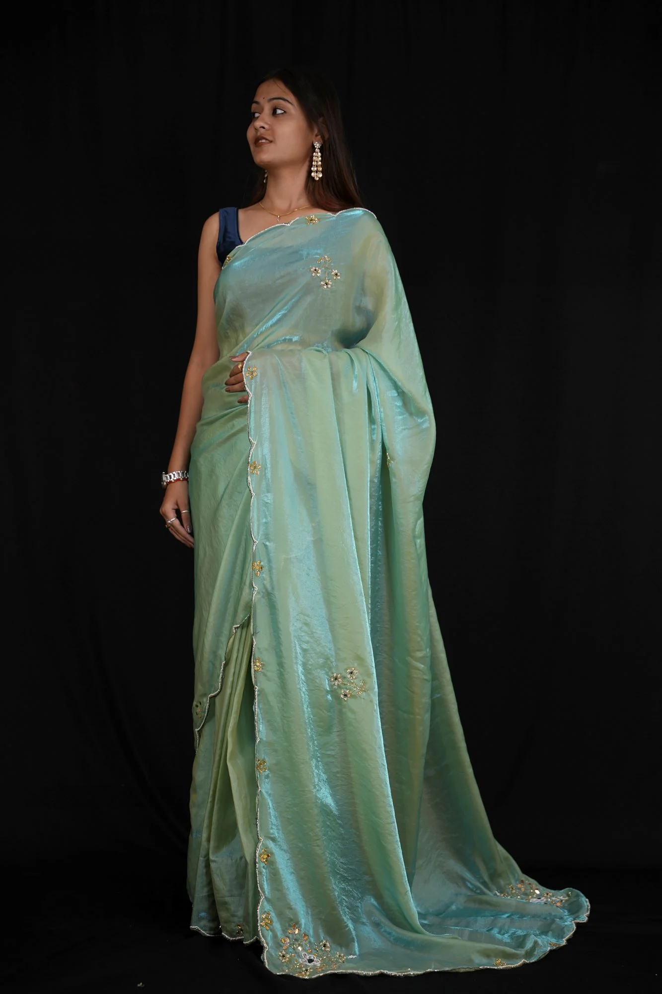 Satin silk with Handwork Butta and Sequined Scalloped Border Ready To Wear Saree - Image 7