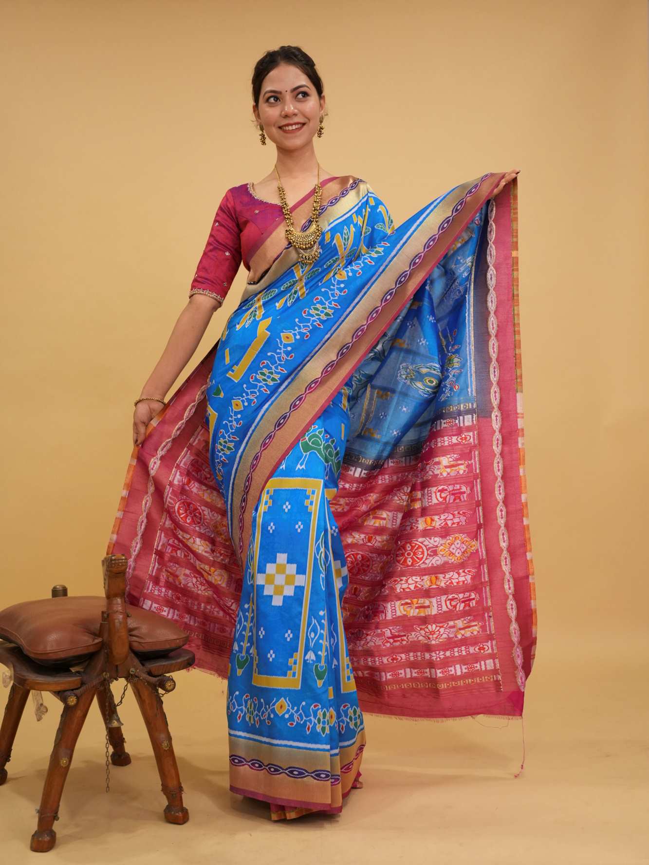 Firozi Blue With Contrast Border & Palla With Ikat Woven Overall Ready To Wear Saree - Image 5