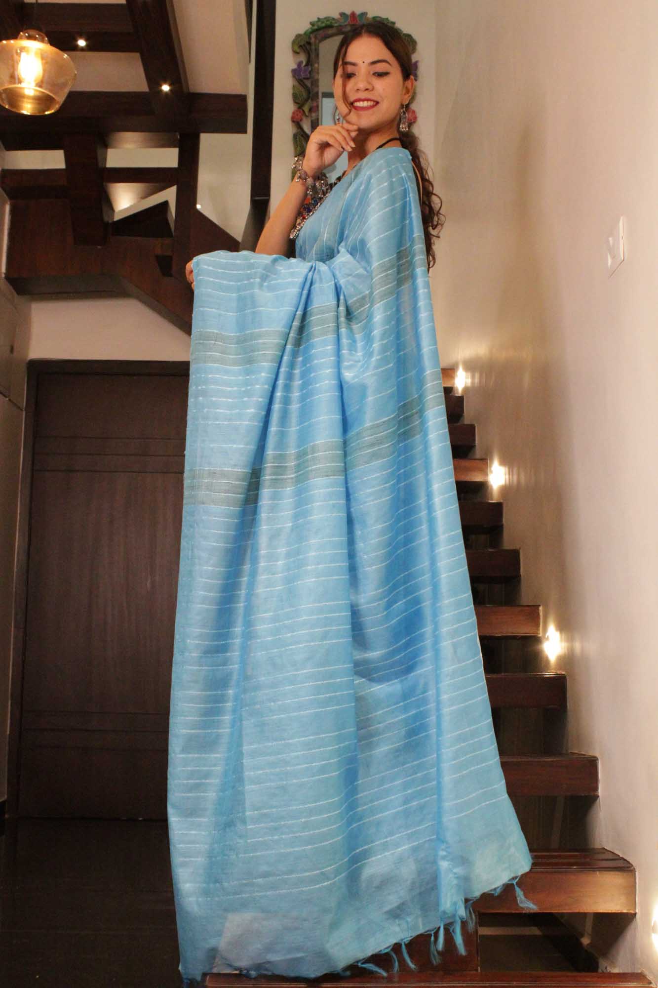 Firozi Katan Silk with Resham weaving all over Wrap in 1 minute saree - Image 3