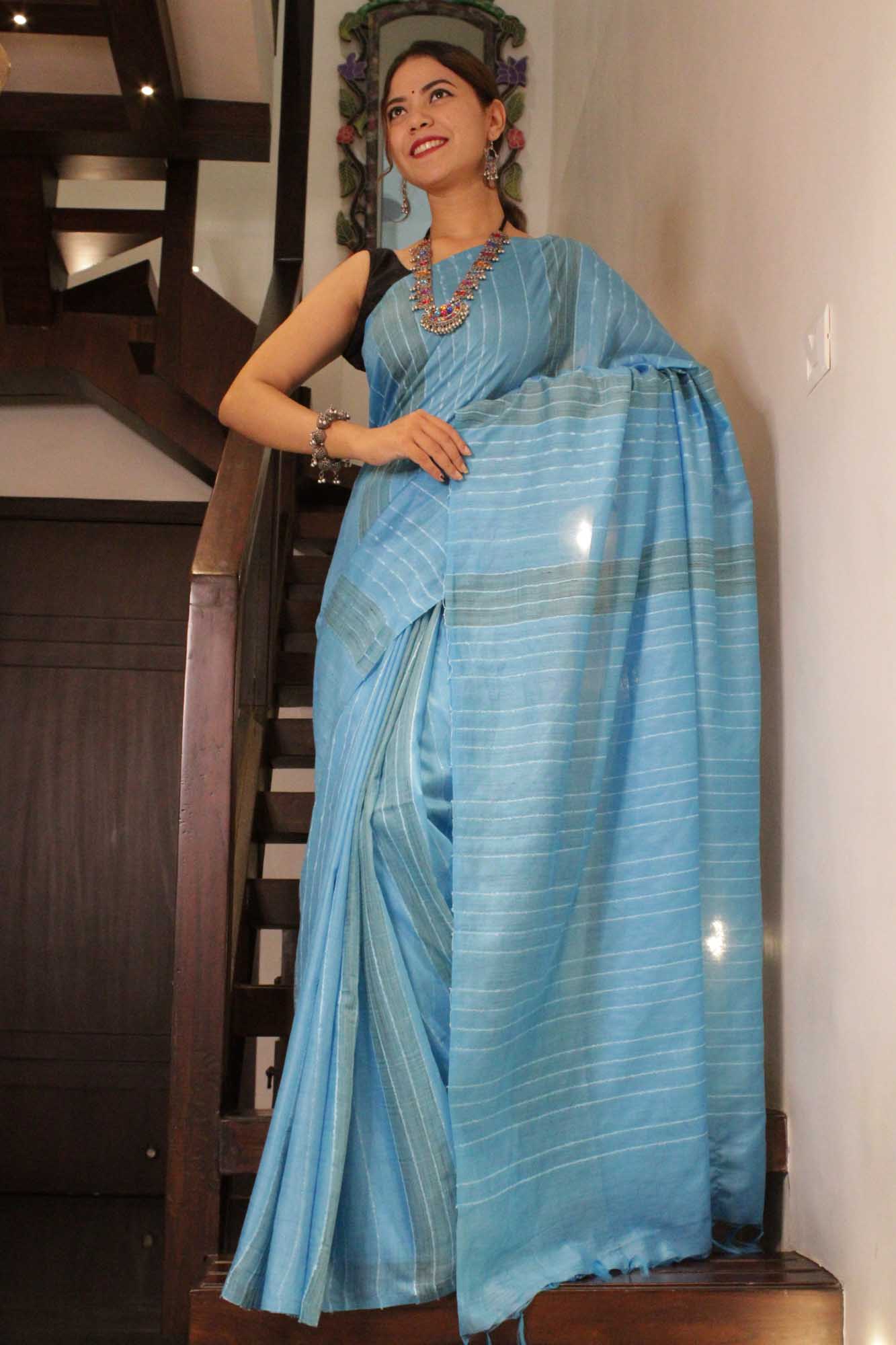Firozi Katan Silk with Resham weaving all over Wrap in 1 minute saree - Image 5