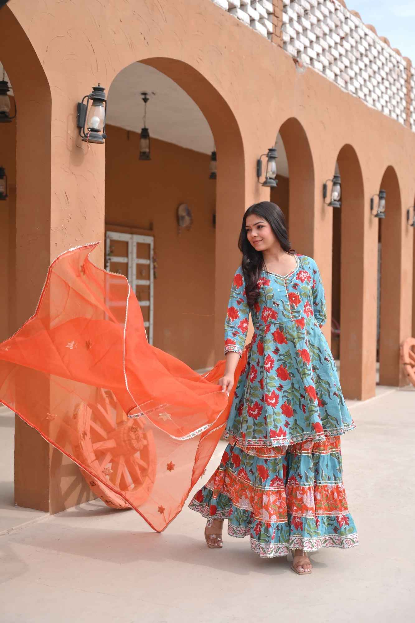 Firozi Papaya Kurti and Flair Sharara Cotton Set with Lace detailing border 3 PIece Set | Made To Order - Image 2
