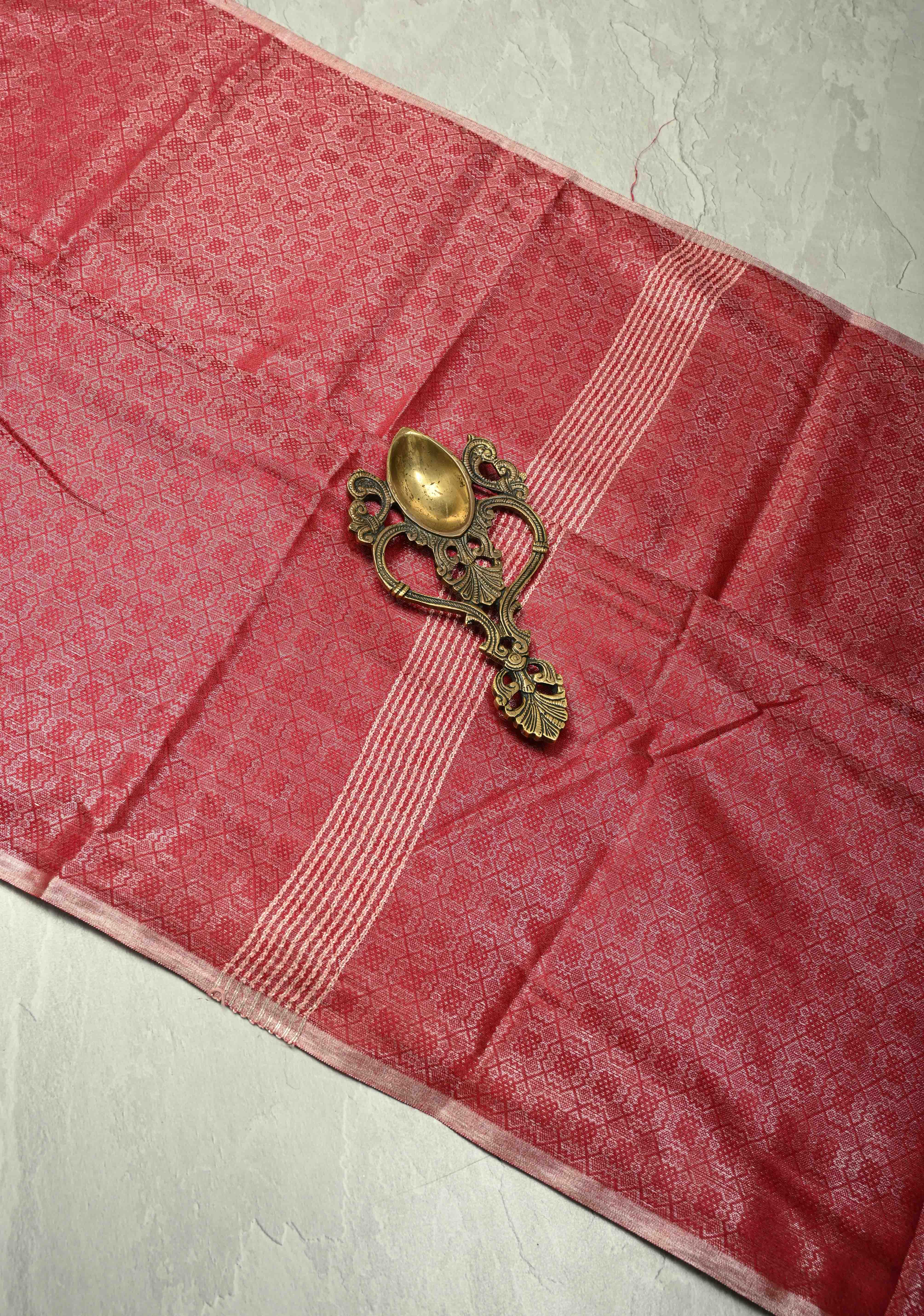 Red Semi Tussar Saree with Brocade and Minimal Silver Zari Border | Shobitam - Image 2