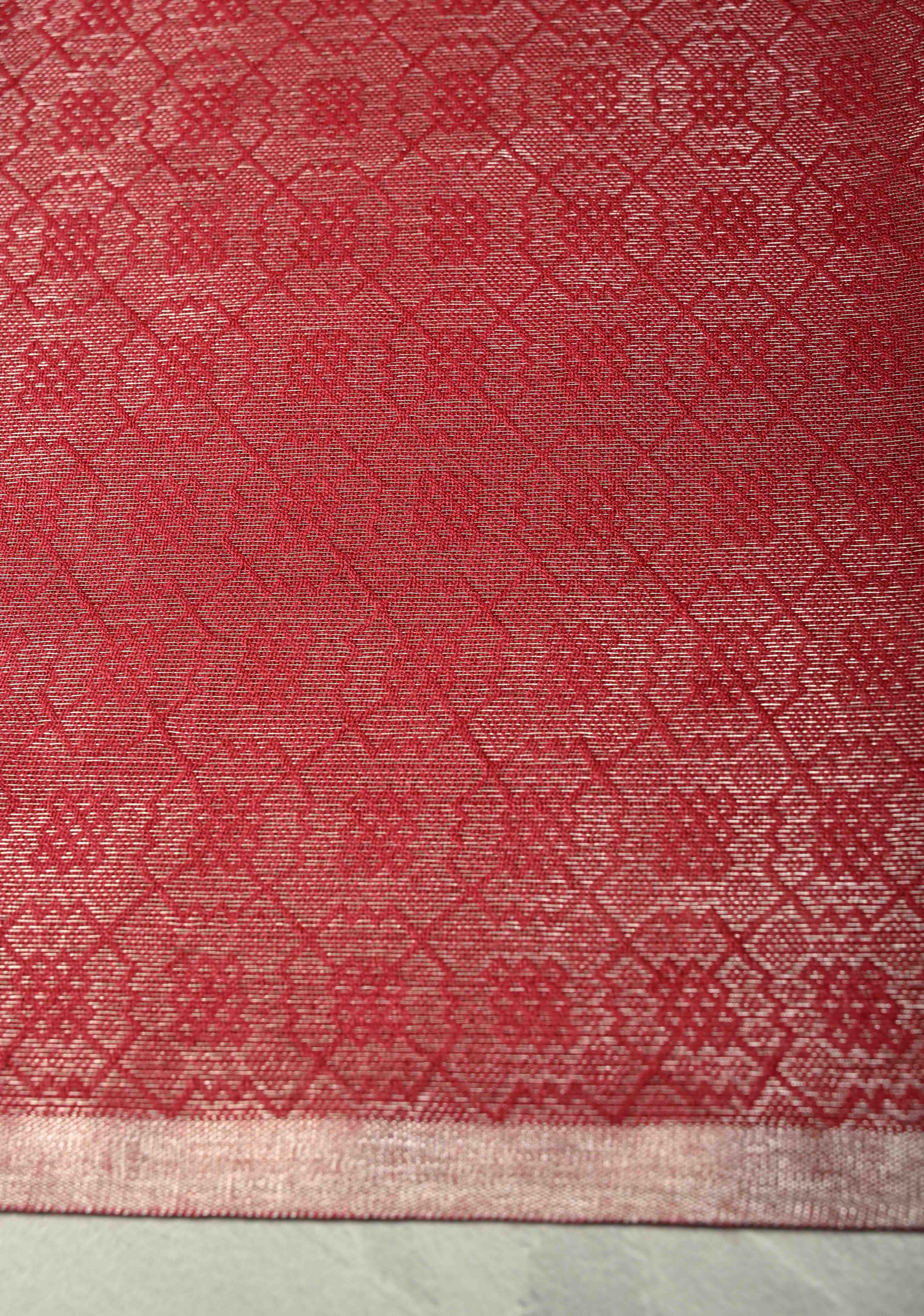 Red Semi Tussar Saree with Brocade and Minimal Silver Zari Border | Shobitam - Image 6