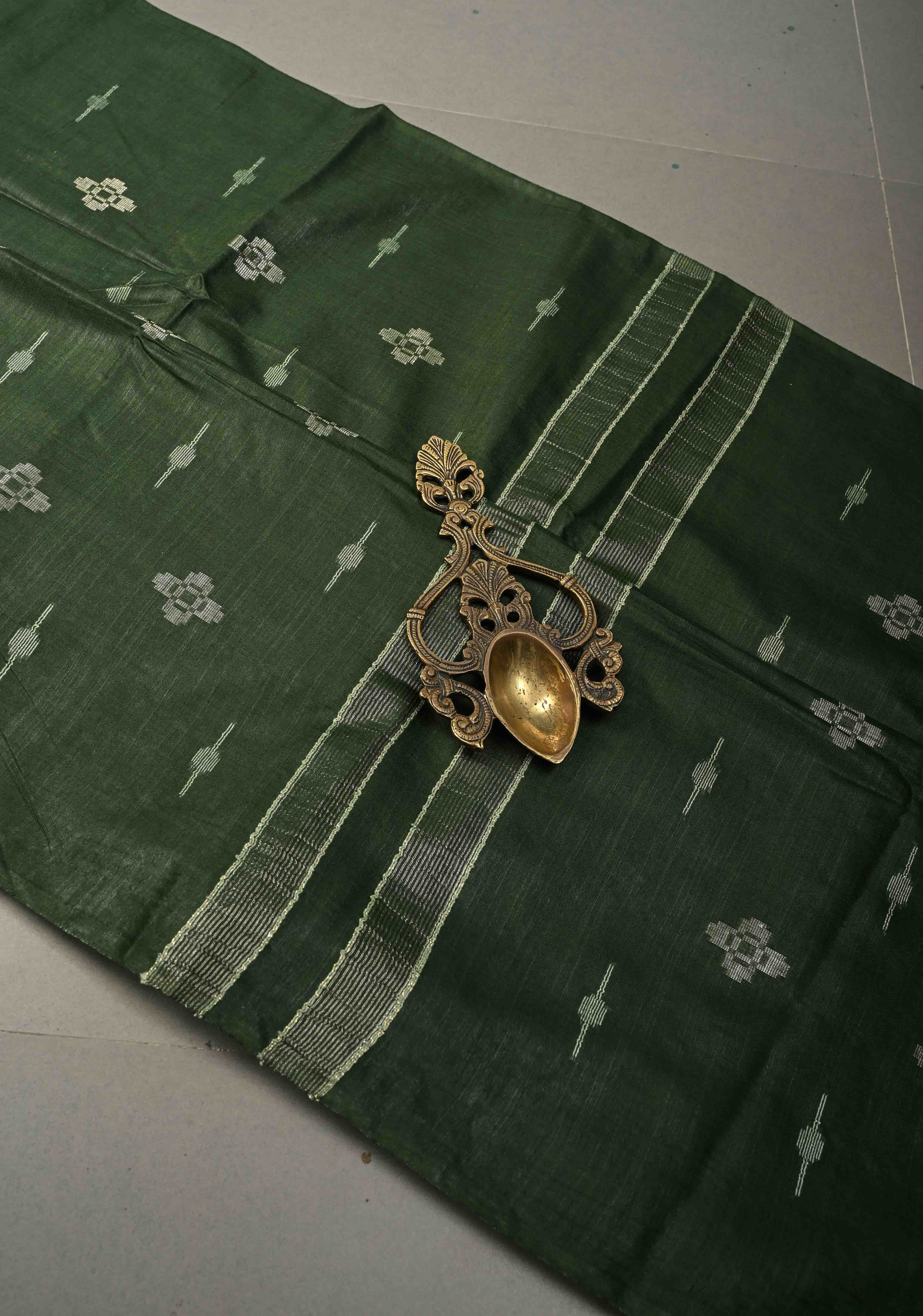 Forest Green Borderless Semi Tussar Saree with Thread and Zari Buttas | Shobitam - Image 2
