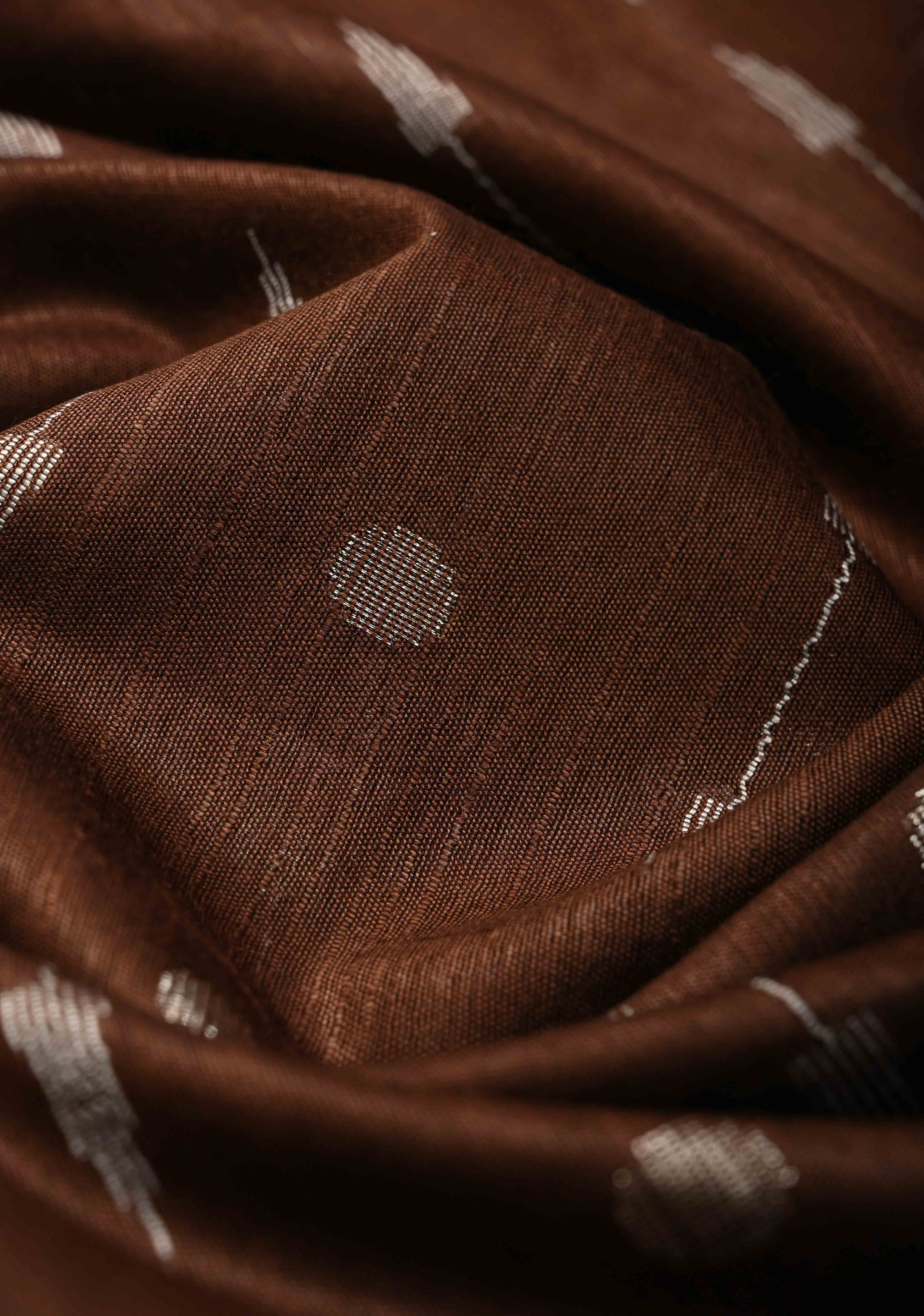 Coffee Brown Borderless Semi Tussar Saree with Zari Polka Dots and Thread Stripes | Shobitam - Image 3