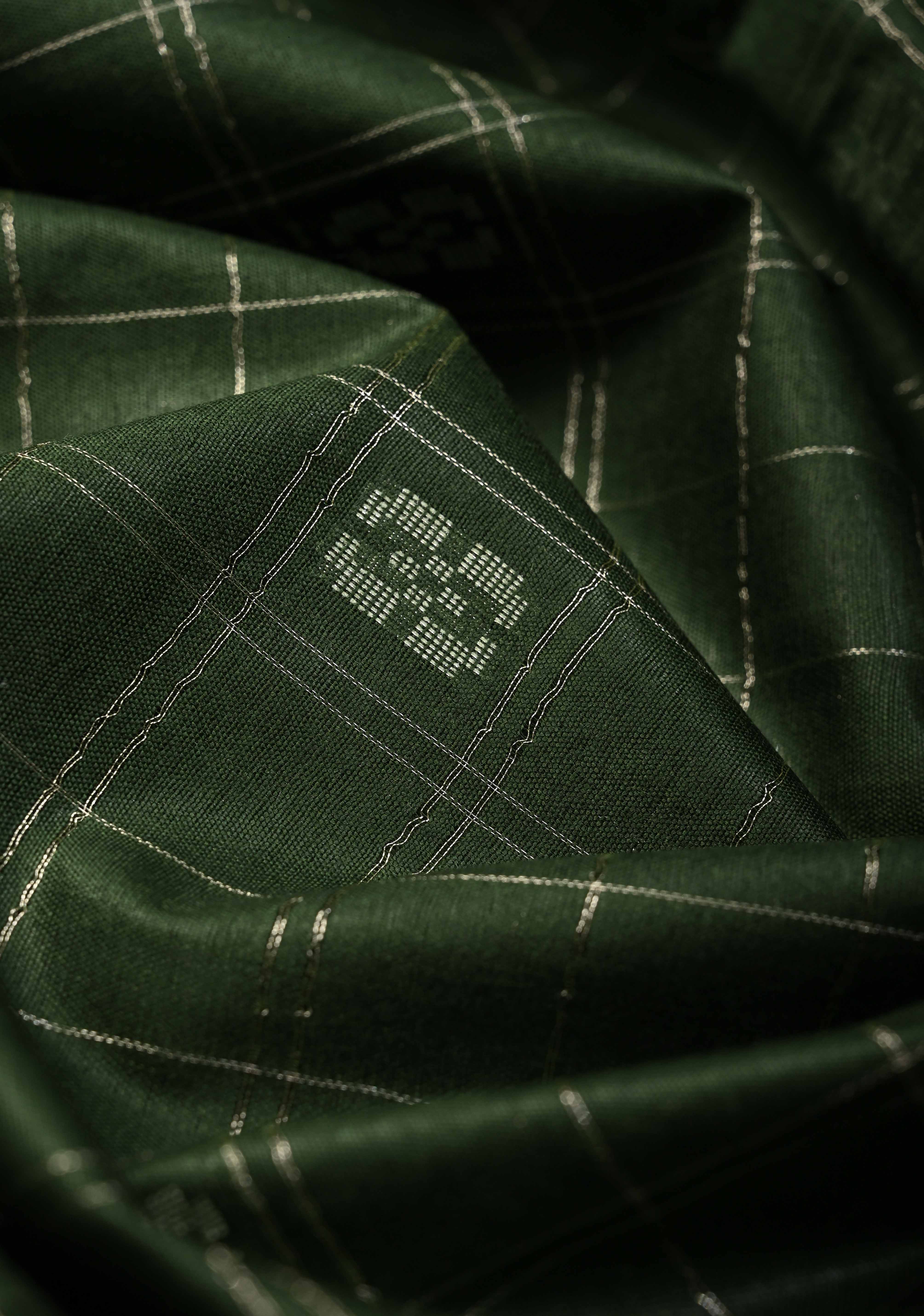 Forest Green Zari Checks on Semi Tussar Saree with Zari Buttas and Zari Border | Shobitam - Image 3