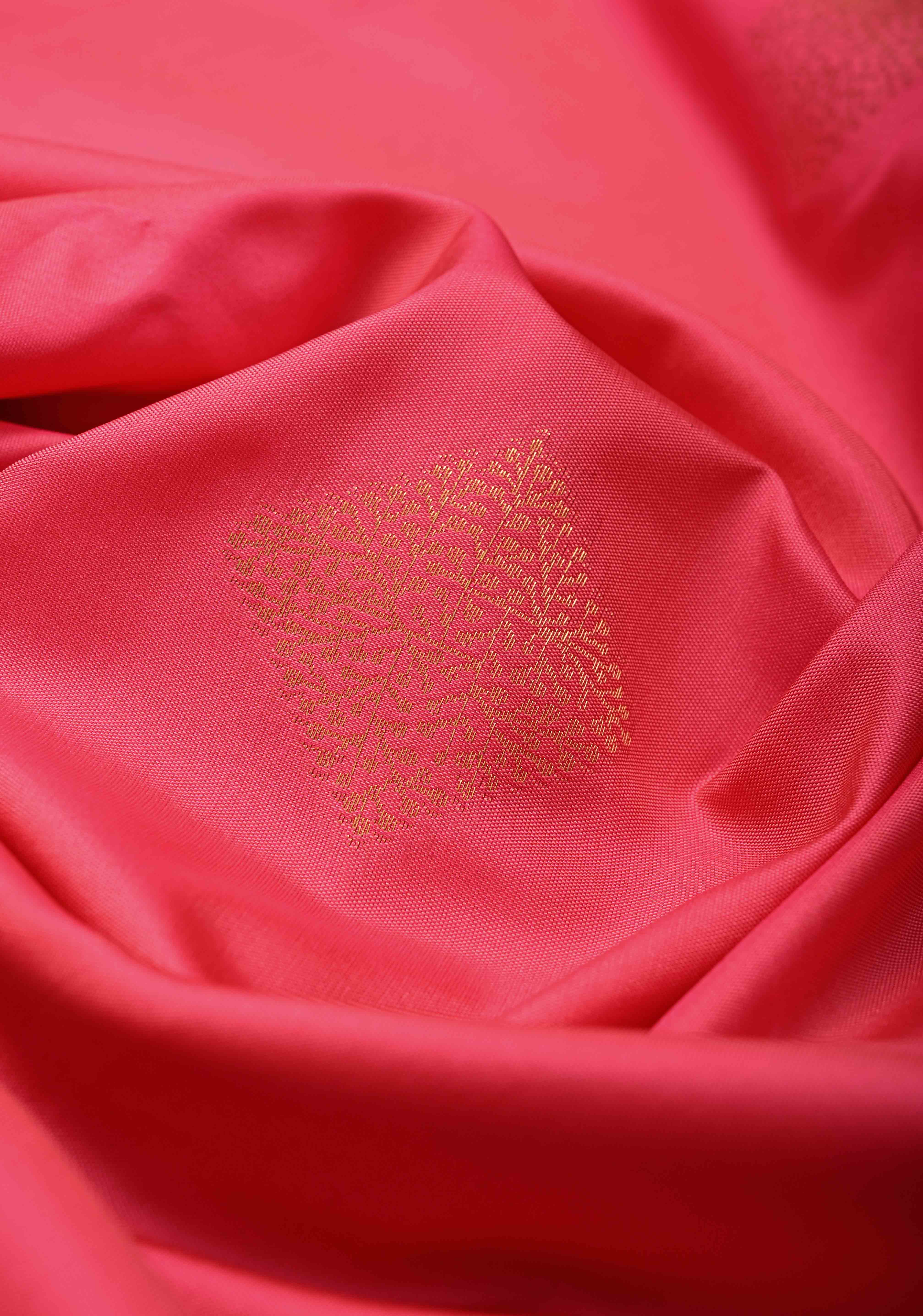French Rose Kanchi Semi Silk Saree with Geometric Buttas and Abstract Zari Border | Shobitam - Image 3