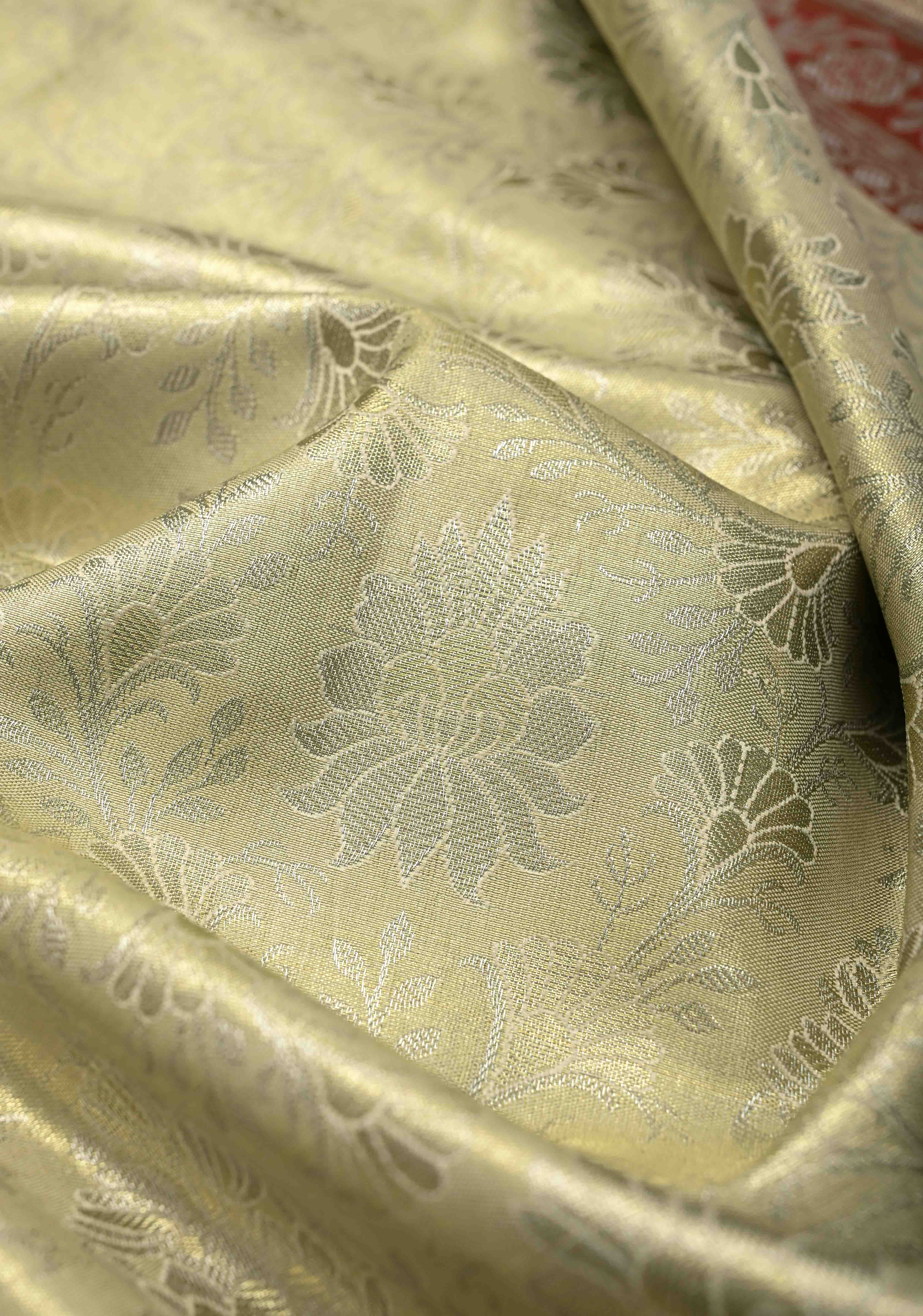 Lime Mist Kanjivaram Tissue Semi Silk Saree with Floral Brocade and Zari Border | Shobitam - Image 4