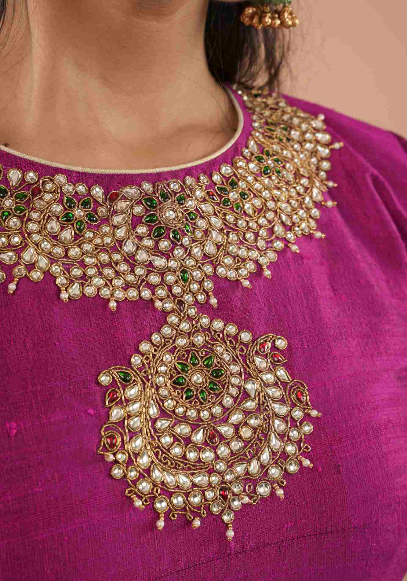 Fuchsia pure raw silk blouse with Kundan necklace and bajuband handwork and unique back cutout | Made to Order - Image 3