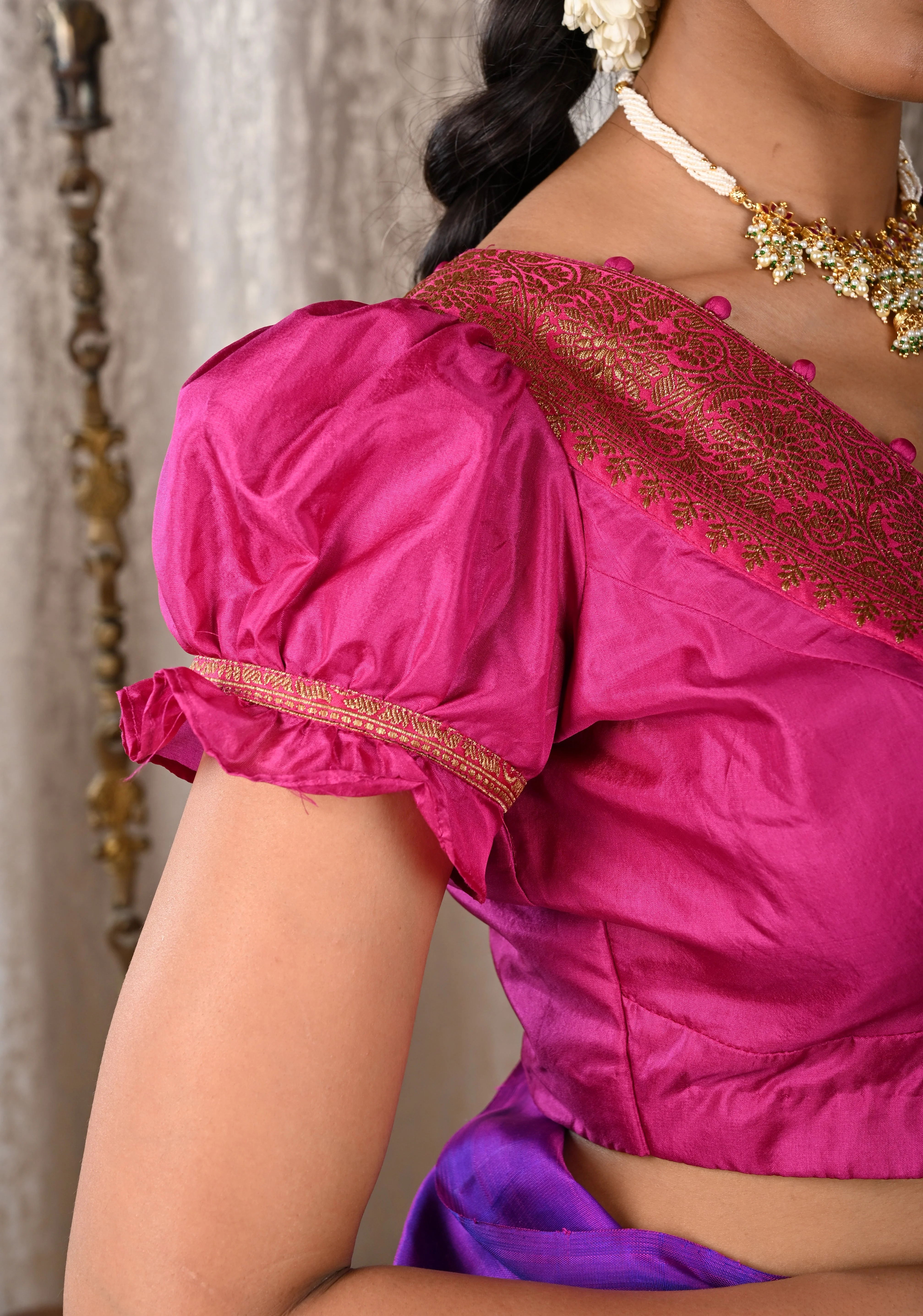 Fuchsia Pure Silk Blouse with Antique Zari Banarasi Border detailing and Puff Sleeves, Potli Buttons, Customizable, Made to Order | Shobitam - Image 2