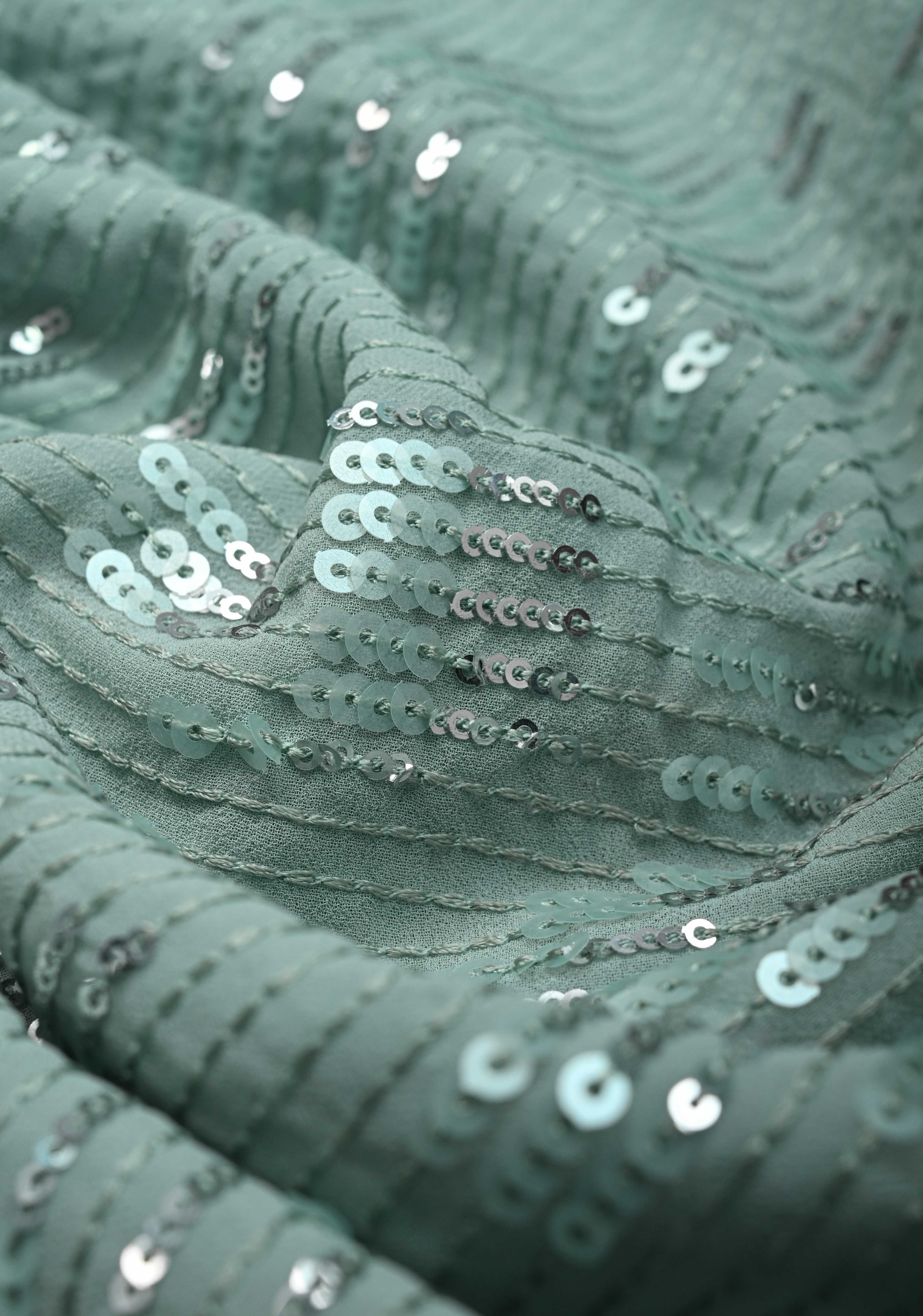 Pale Teal Full Sequins Embellished on Georgette Saree with Scalloped Border | Shobitam - Image 4