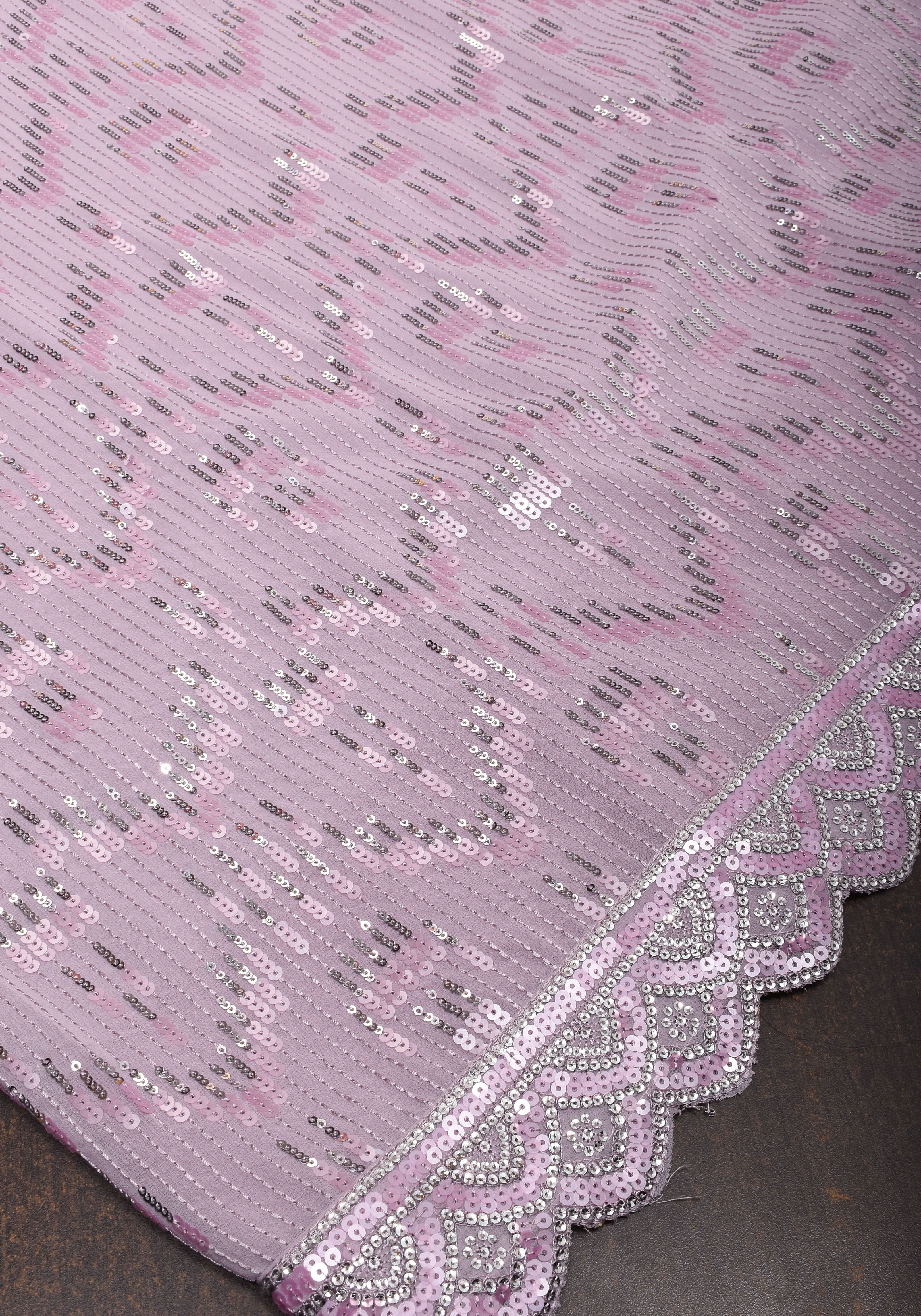 Full Sequins Embellished Georgette Saree in mauve with Scalloped border | Shobitam - Image 12