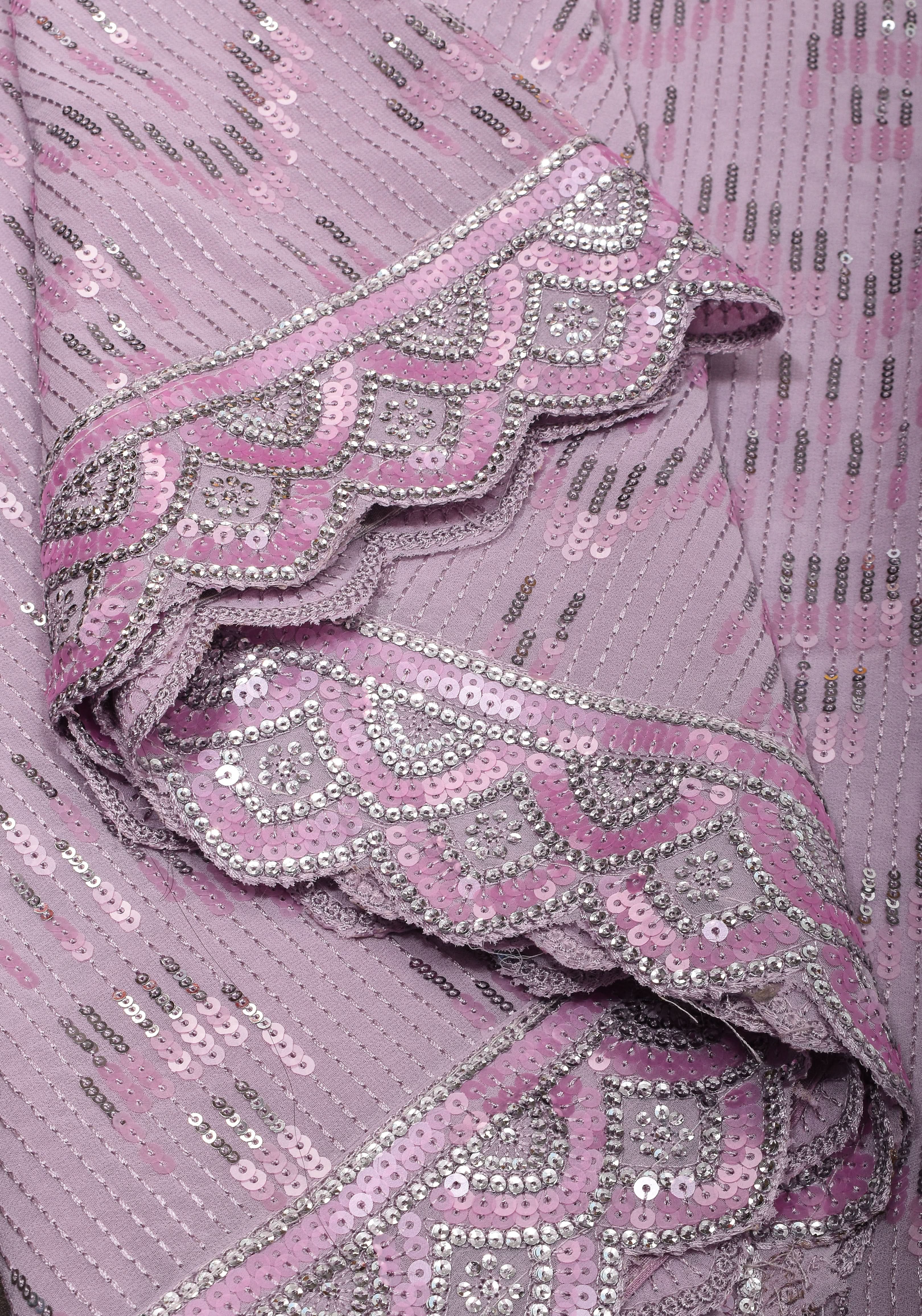Full Sequins Embellished Georgette Saree in mauve with Scalloped border | Shobitam - Image 14