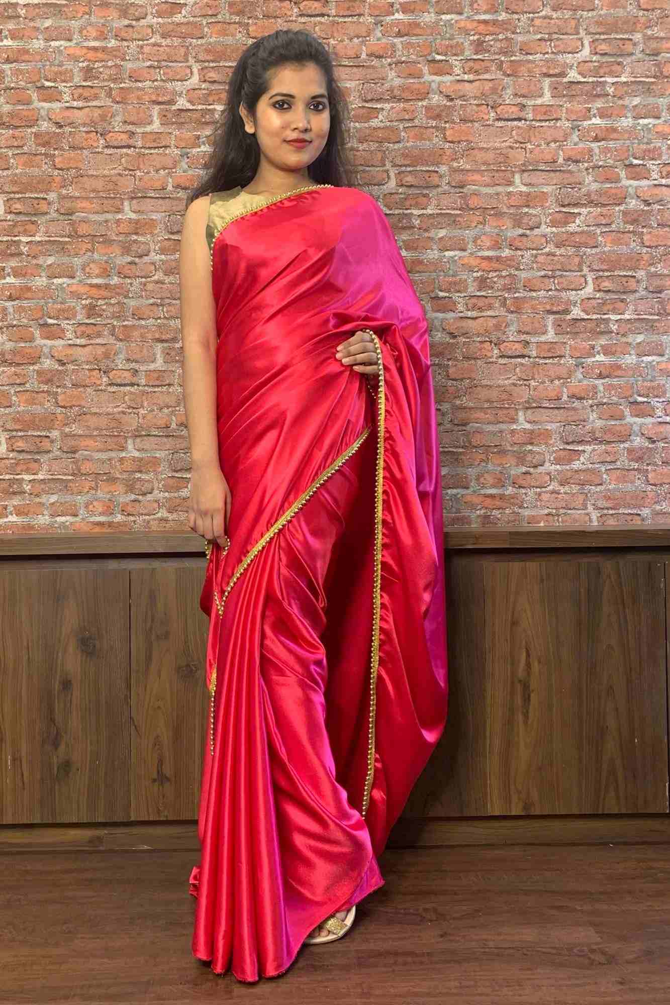 Fuschia Satin wrap in 1 minute saree with moti lace - Image 3