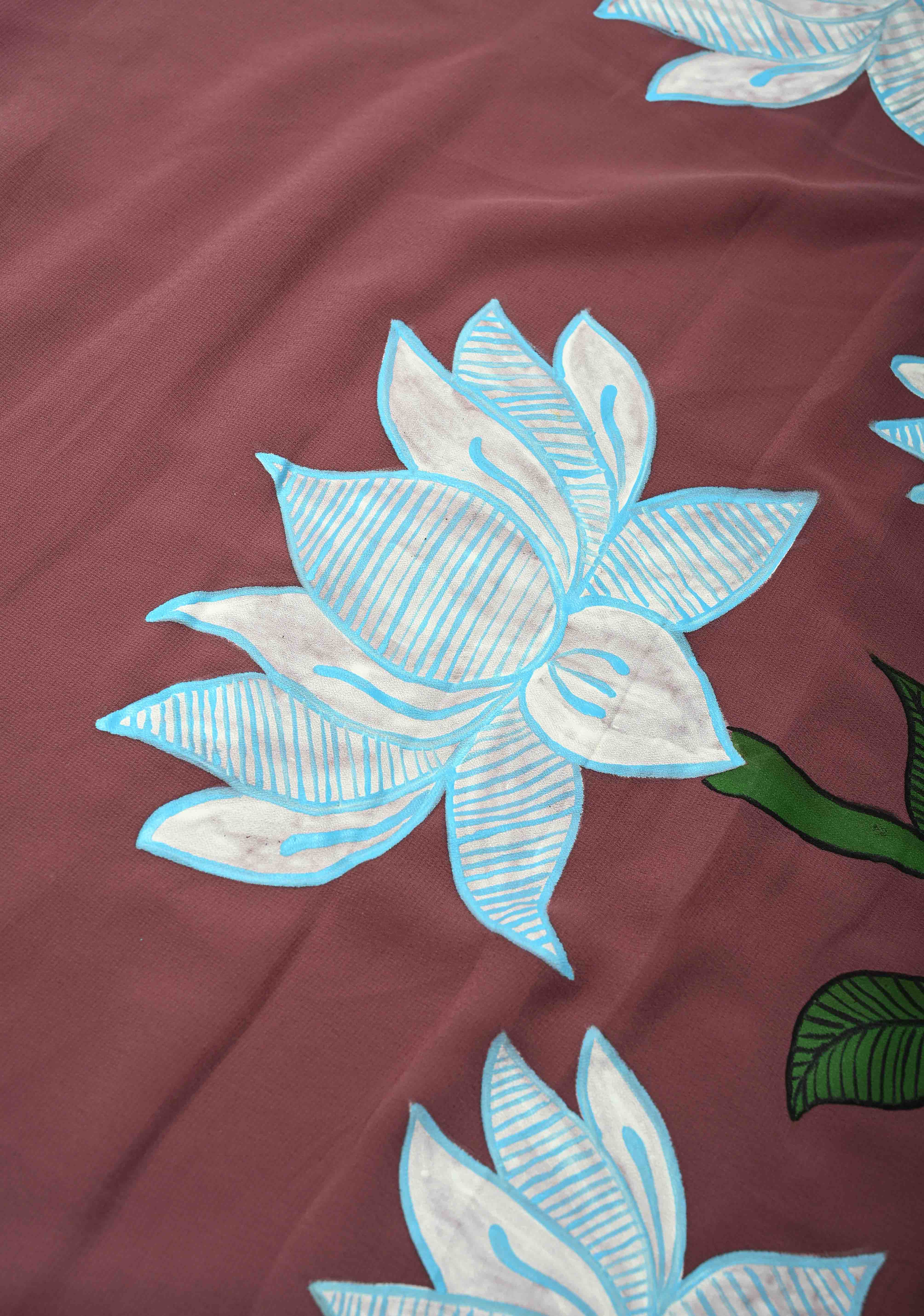 Dark Mauve Georgette Saree with Lotus Hand Painting on Pallu, No Blouse Piece | Shobitam - Image 3