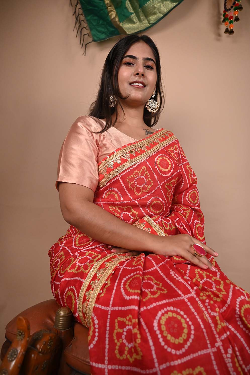GEORGETTE SATIN SILK BANDHANI READY TO WEAR SAREE WITH TRADITIONAL RAJASTHANI GOTA PATTI BORDER - Image 12