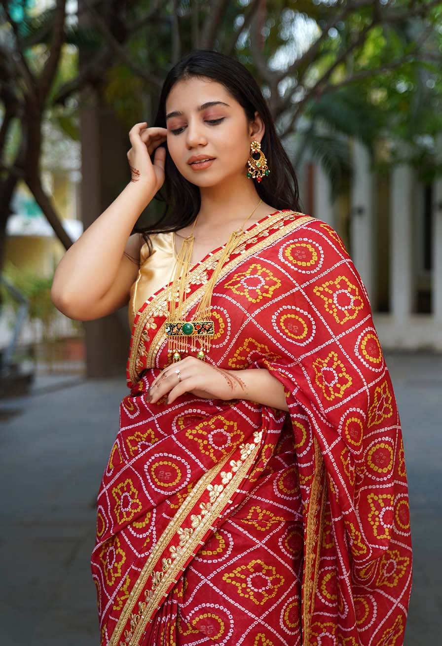 GEORGETTE SATIN SILK BANDHANI READY TO WEAR SAREE WITH TRADITIONAL RAJASTHANI GOTA PATTI BORDER - Image 14