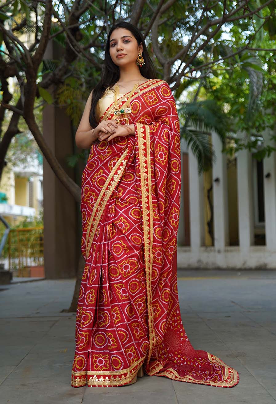 GEORGETTE SATIN SILK BANDHANI READY TO WEAR SAREE WITH TRADITIONAL RAJASTHANI GOTA PATTI BORDER - Image 3