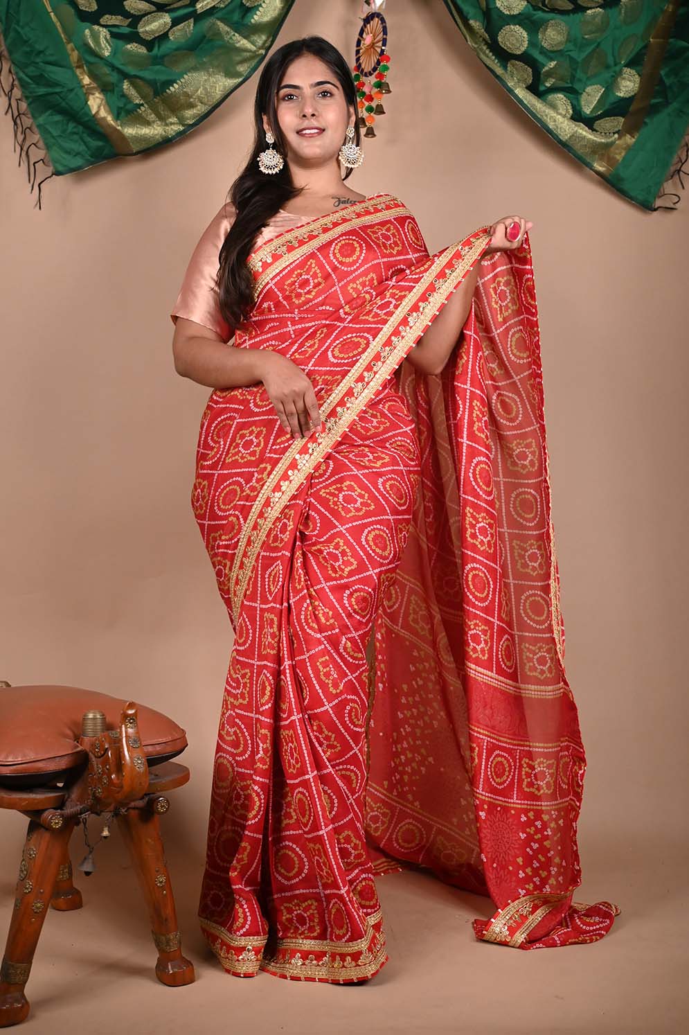 GEORGETTE SATIN SILK BANDHANI READY TO WEAR SAREE WITH TRADITIONAL RAJASTHANI GOTA PATTI BORDER - Image 8