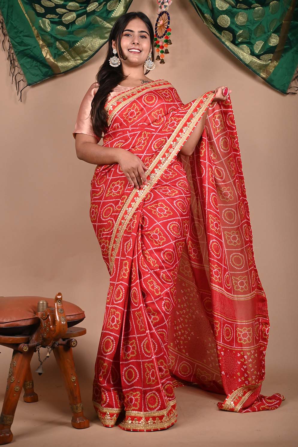 GEORGETTE SATIN SILK BANDHANI READY TO WEAR SAREE WITH TRADITIONAL RAJASTHANI GOTA PATTI BORDER - Image 9