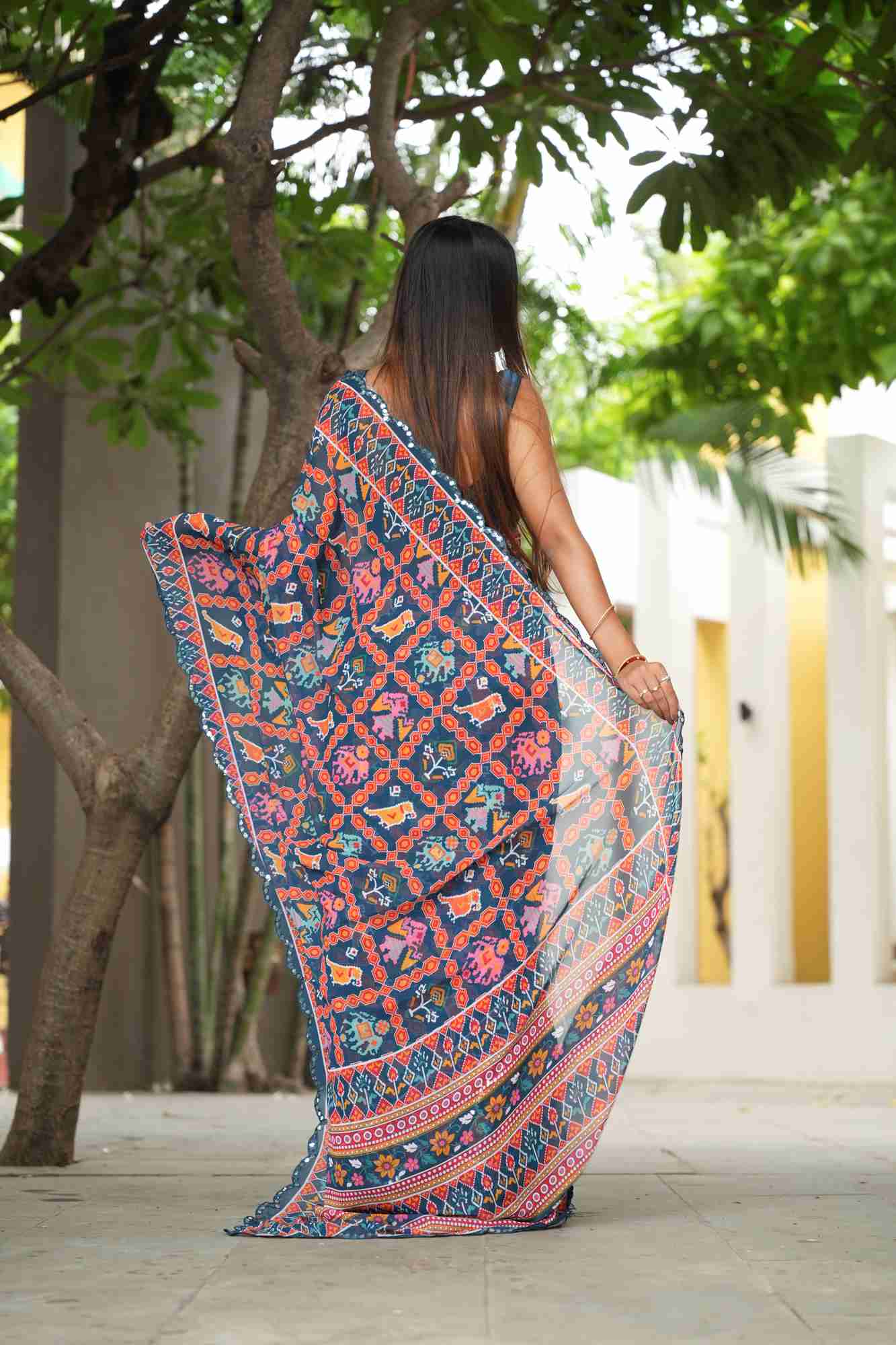 Georgette Silk Digital Print with Mirror Work Border Ready To Wear Saree - Image 5