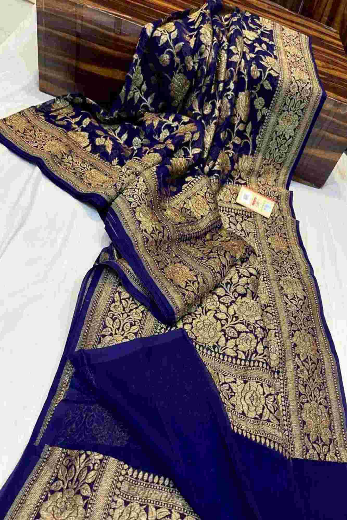 Georgette Silk Floral Zari Jaal Interwoven overall  With Ornate Palla Pre Drape Saree - Image 10