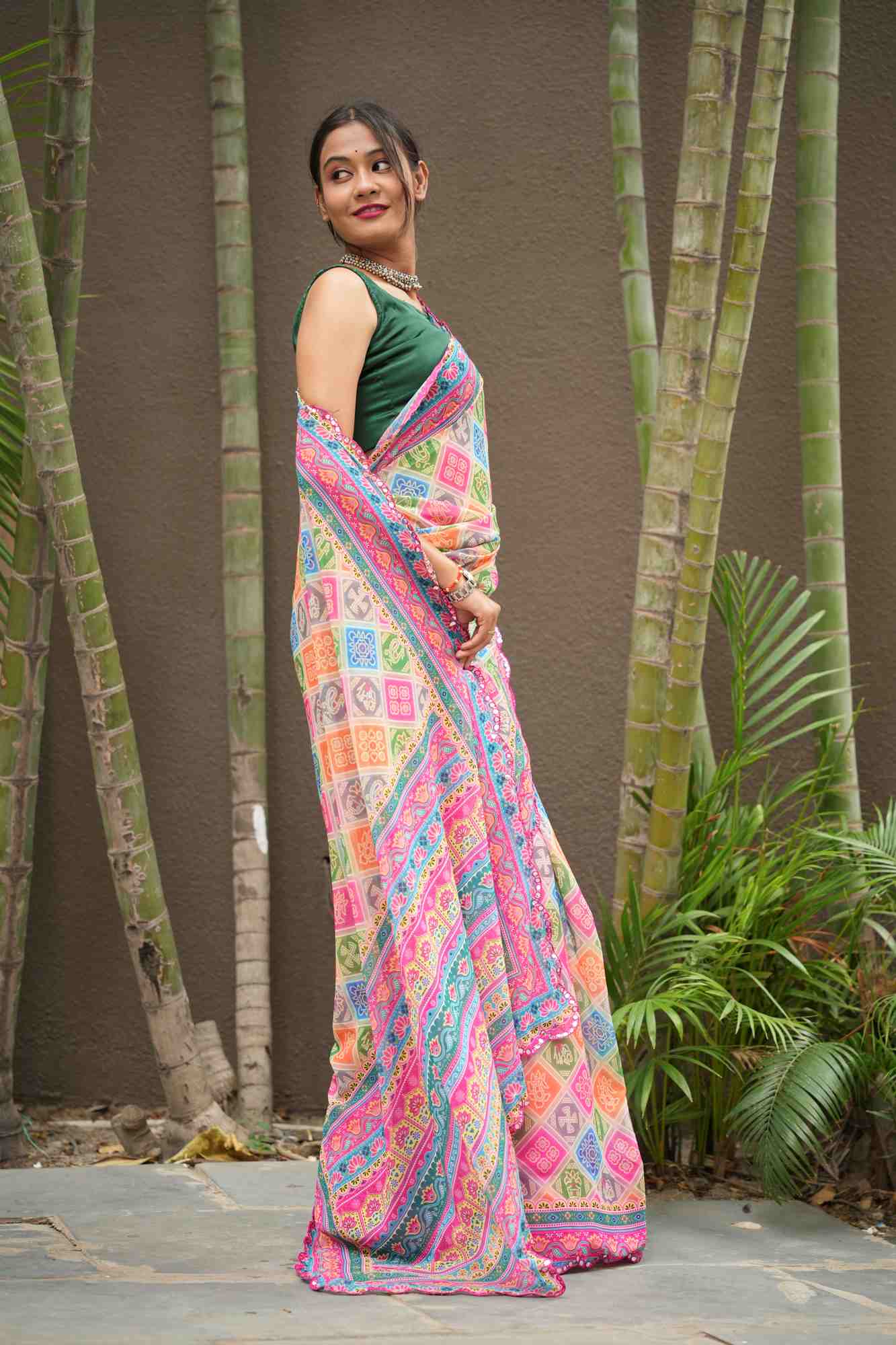 Georgette Silk Multicolour Block Digital Print with Mirror Work Border Ready To Wear Saree - Image 4