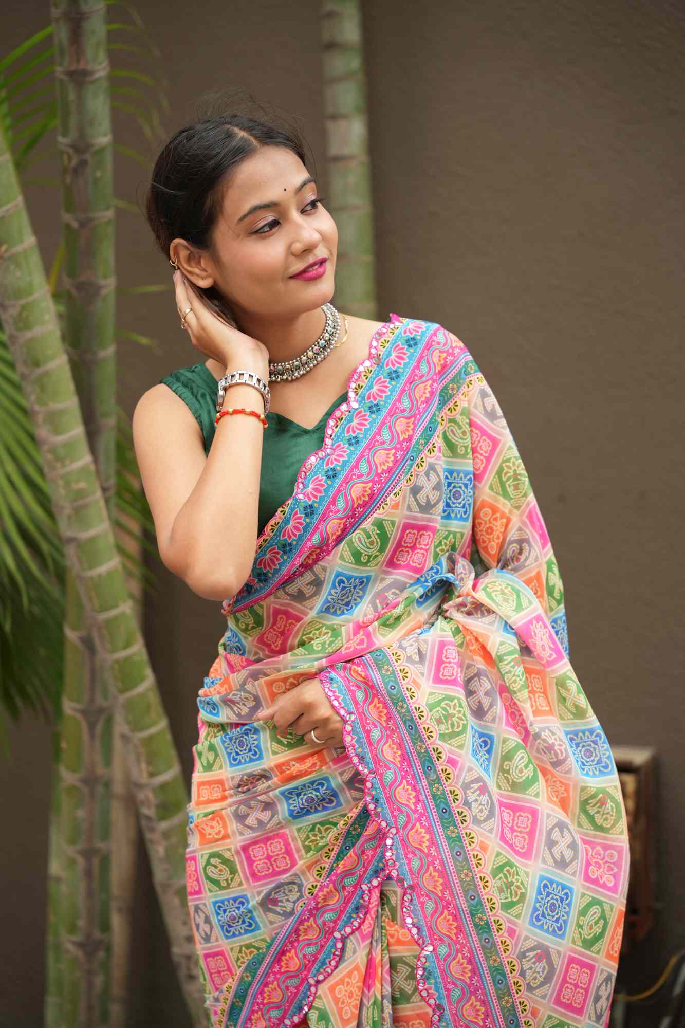 Georgette Silk Multicolour Block Digital Print with Mirror Work Border Ready To Wear Saree - Image 9