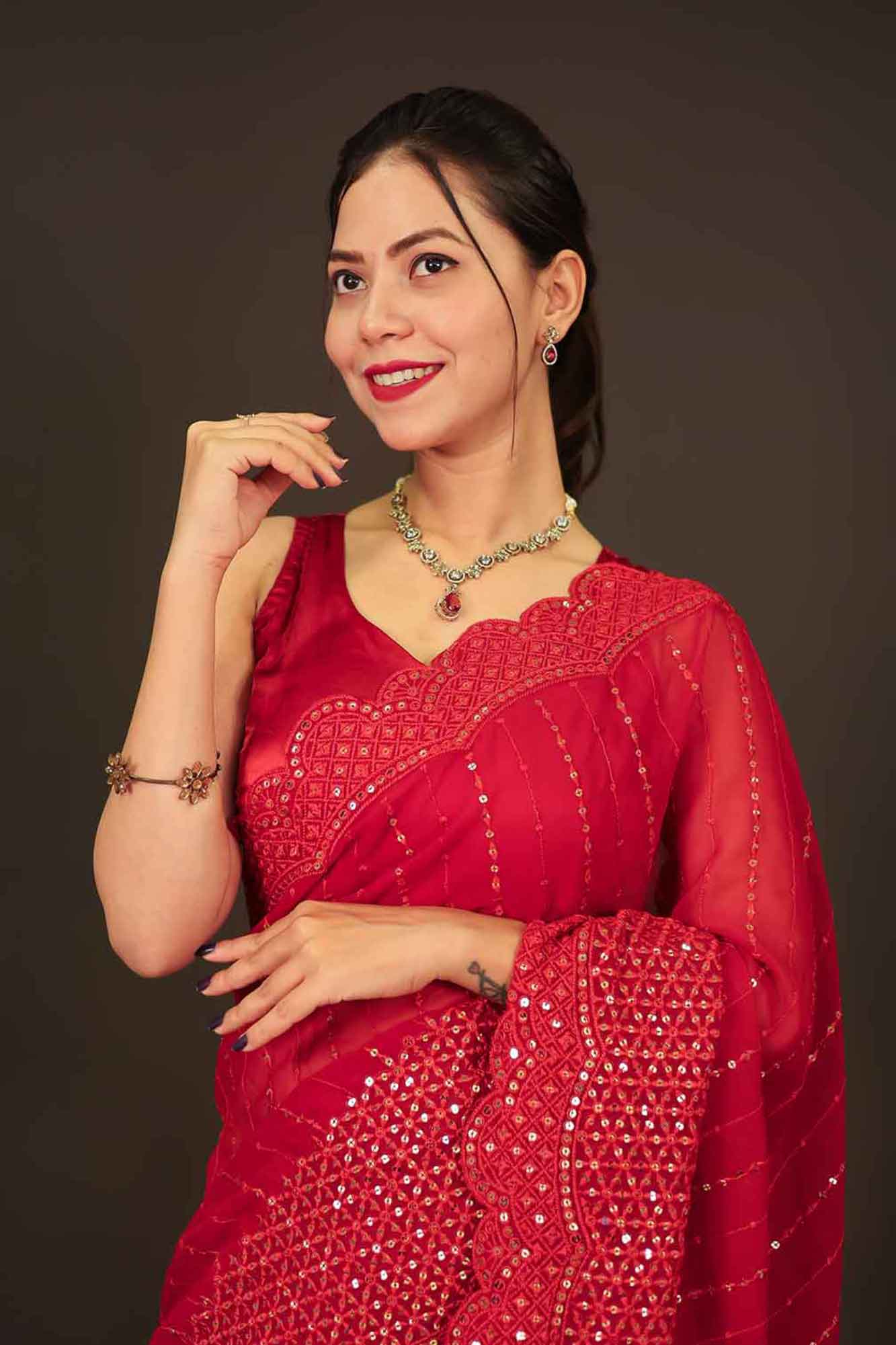 Georgette with Heavy Sequin Embroidery Work & scalloped Border Pre Drape Saree - Image 2