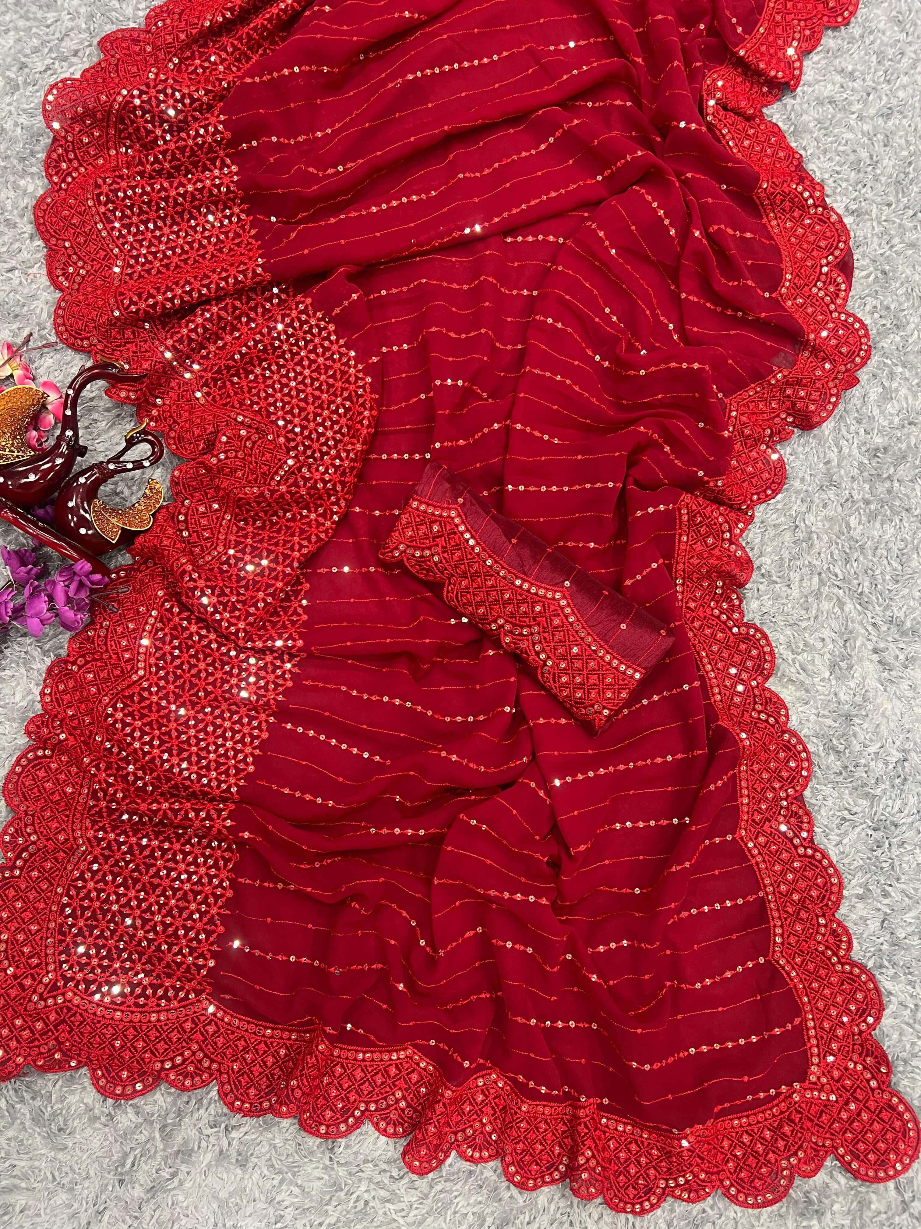 Georgette with Heavy Sequin Embroidery Work & scalloped Border Pre Drape Saree - Image 9