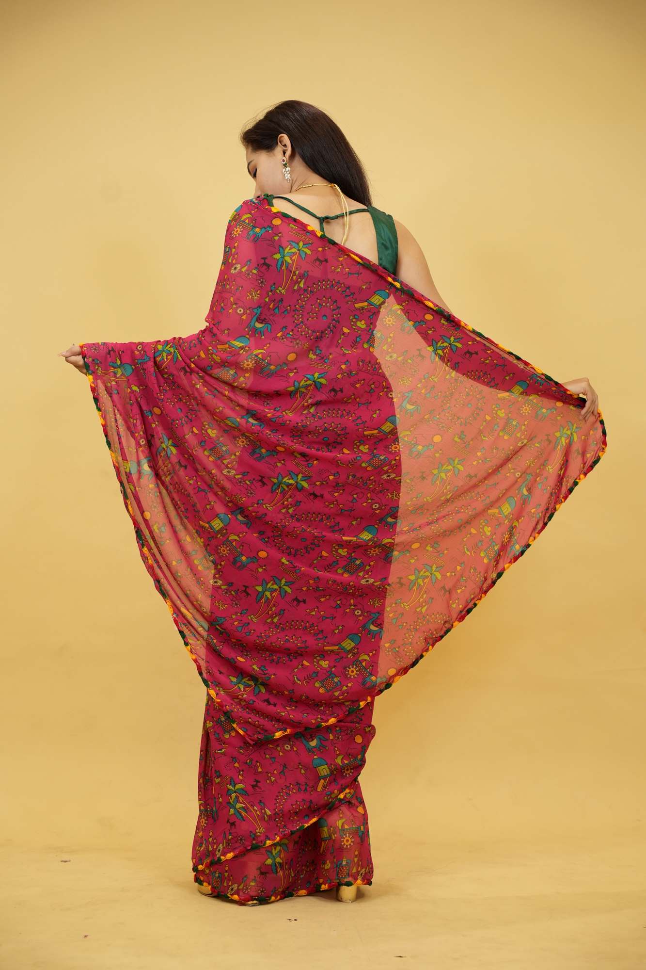 Georgette with Rajasthani Folk Motifs Ready To Wear Saree - Image 3
