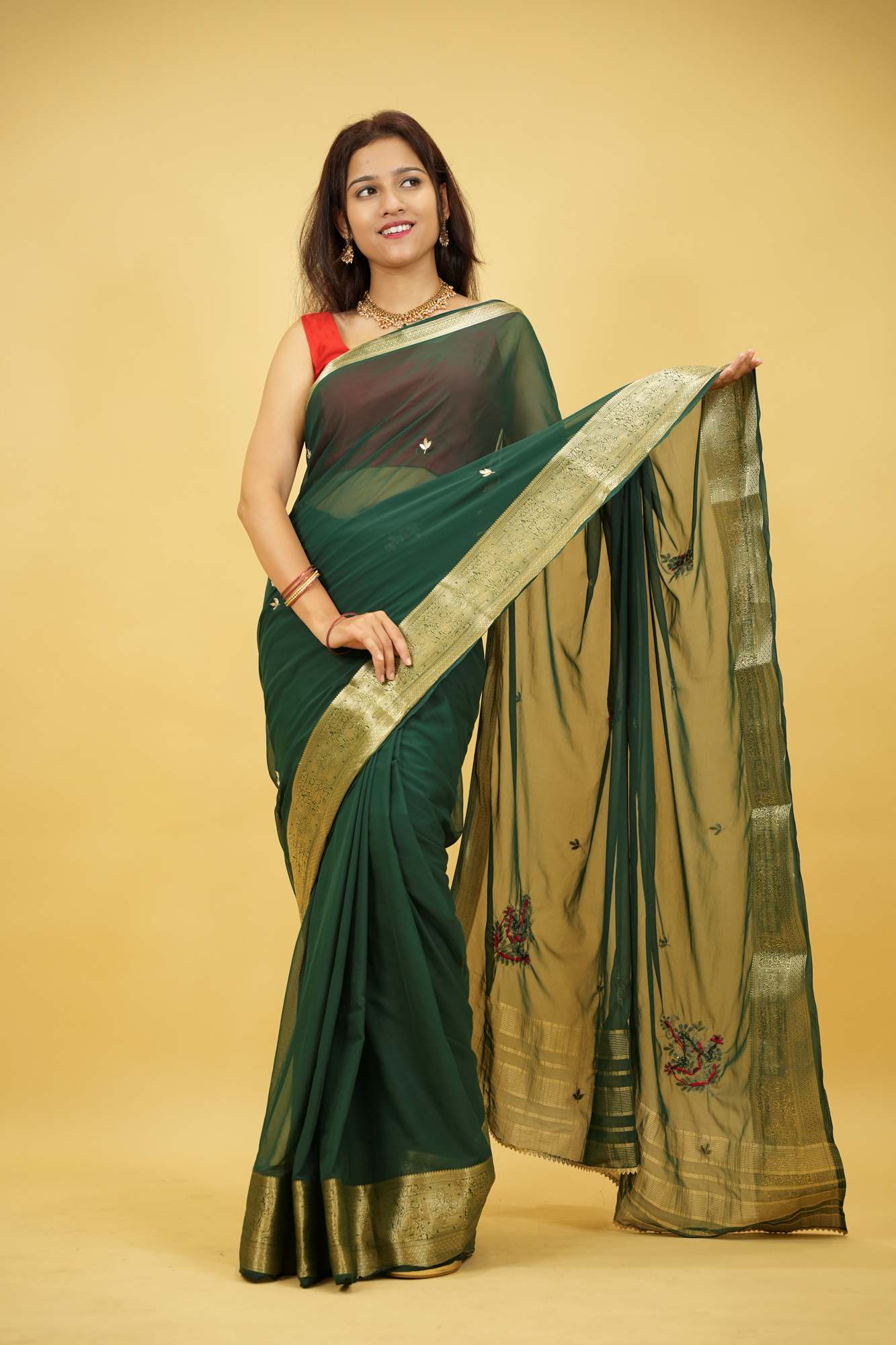 Georgette Silk with Zari Border & Gota Patti Ready To Wear Saree - Image 5