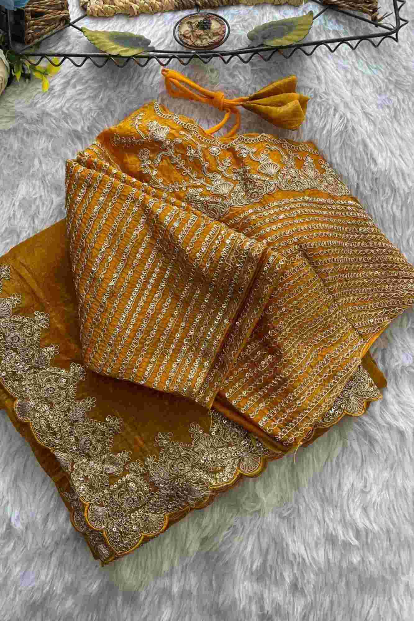 Gold Crush Silk with Zari & Sequin Embroidered C-Pallu and Cutwork Border Ready To Wear Saree - Image 13