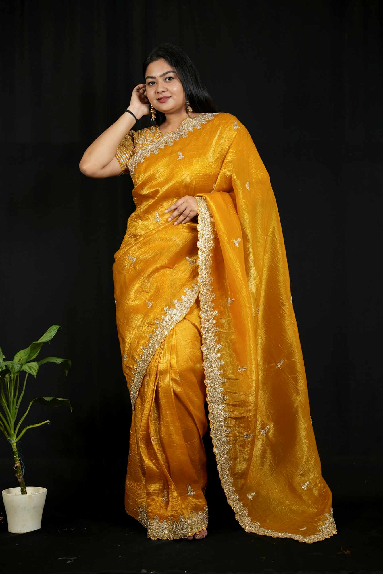 Gold Crush Silk with Zari & Sequin Embroidered C-Pallu and Cutwork Border Ready To Wear Saree - Image 2