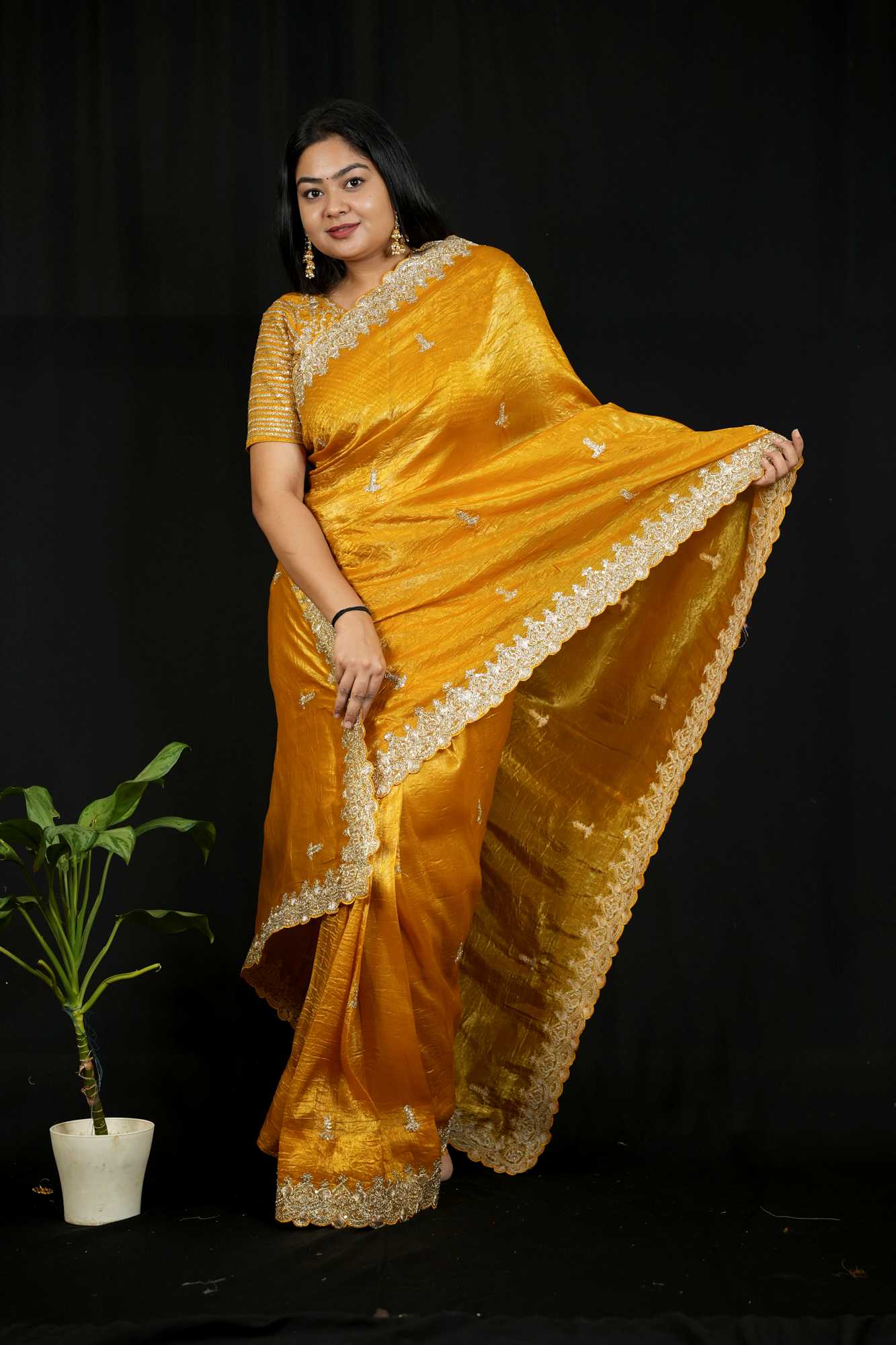 Gold Crush Silk with Zari & Sequin Embroidered C-Pallu and Cutwork Border Ready To Wear Saree - Image 7