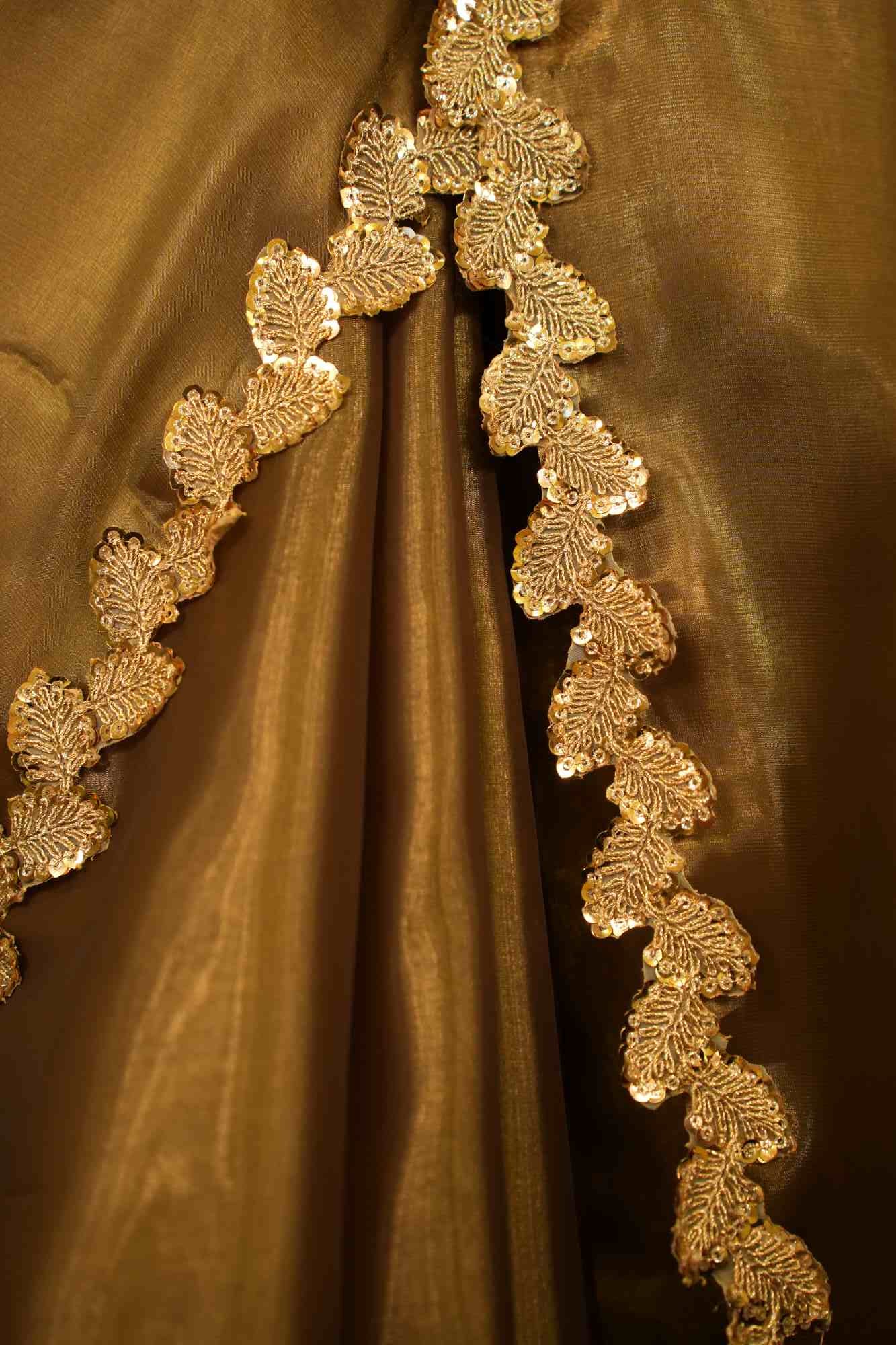 Gold Metal Tonned Soft Organza Leaf Detailed Sequin & Zari Woven Bordered Pre Drape Saree - Image 6
