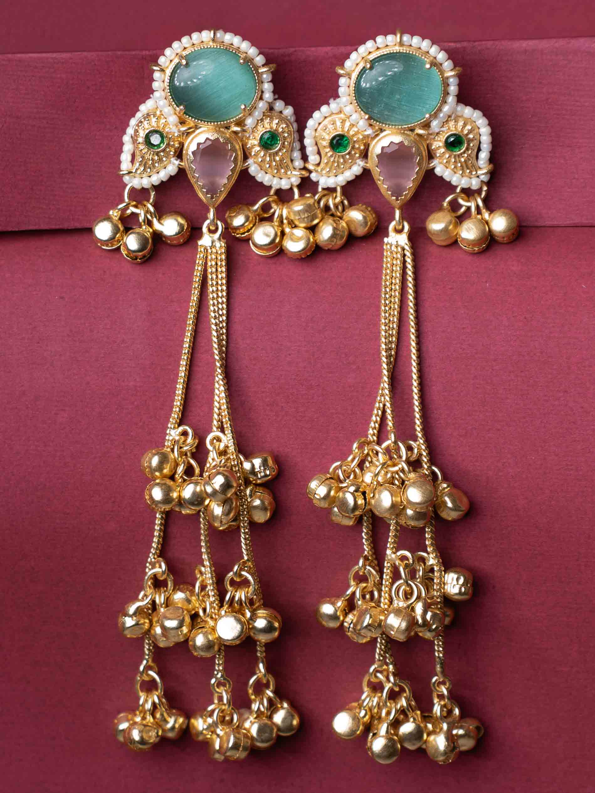 Gold Plated Long Tassel Earrings with Green Stone Stud, Pearl Detailing & Ghungroo Drops - Image 3