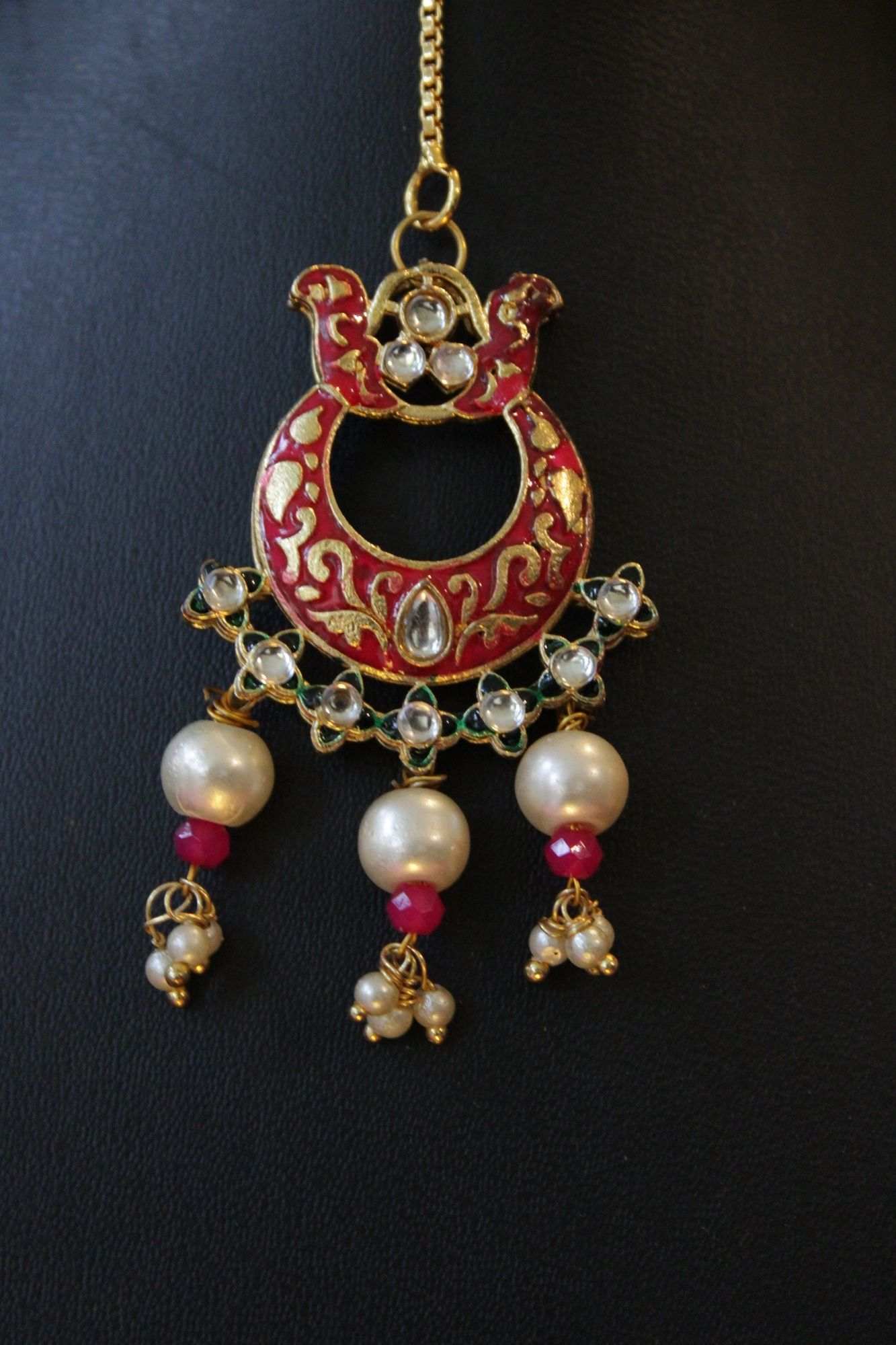 Gold Plated Pearls & Onyx Stones Studded Meenakari Work Jewelry Set - Image 5